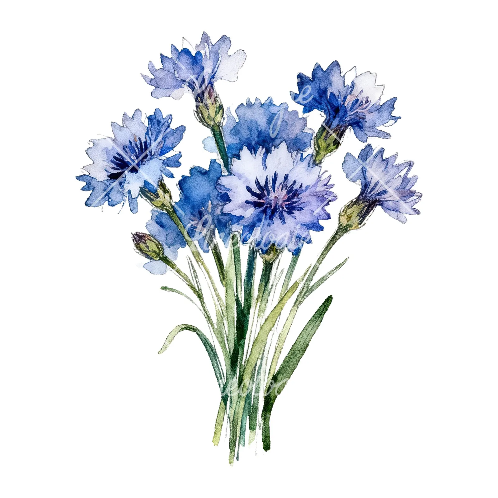 Watercolor loose blue cornflower bouquet clipart 4 of 9 on a white background (JPG)