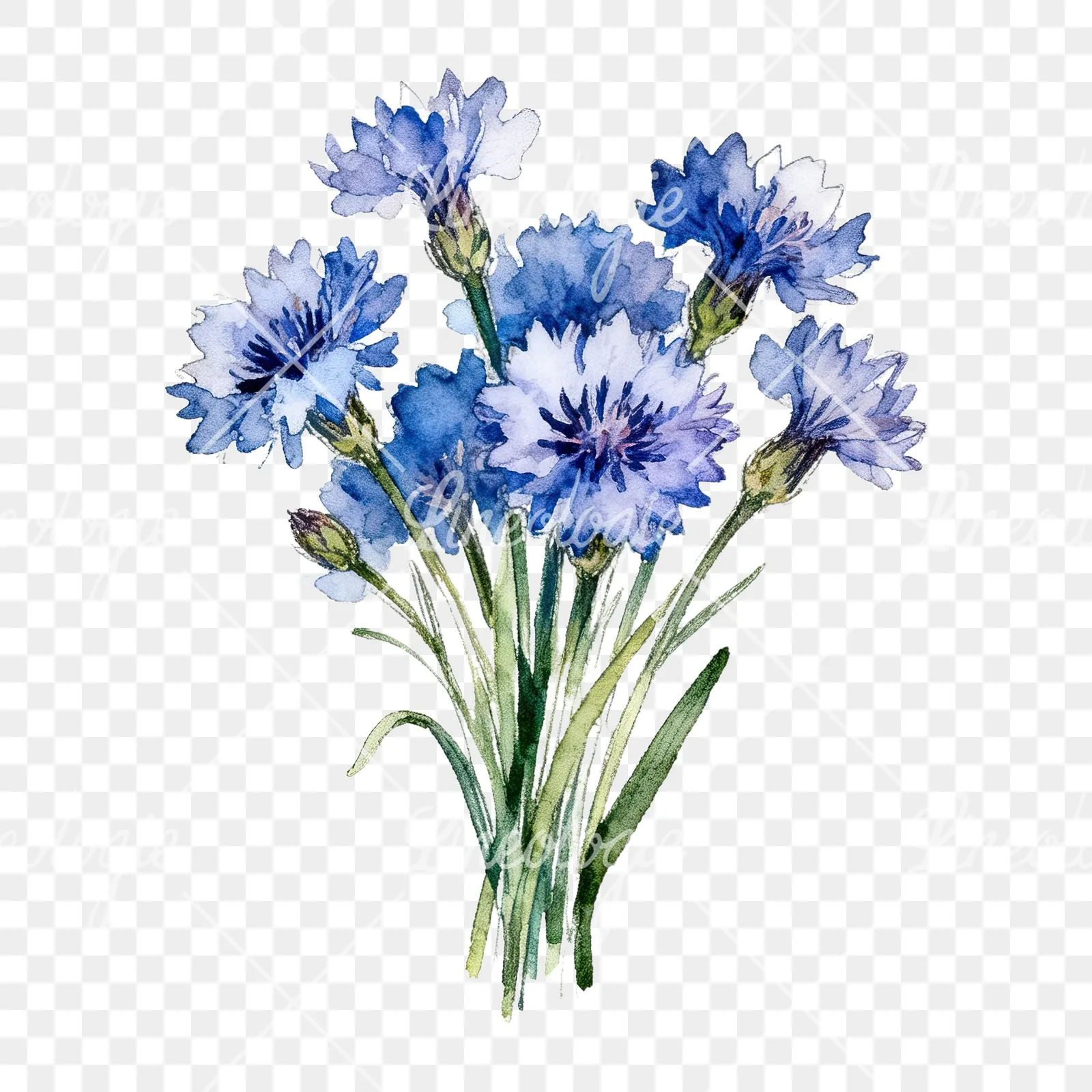 Watercolor loose blue cornflower bouquet clipart 4 of 9 on a transparent background (PNG)