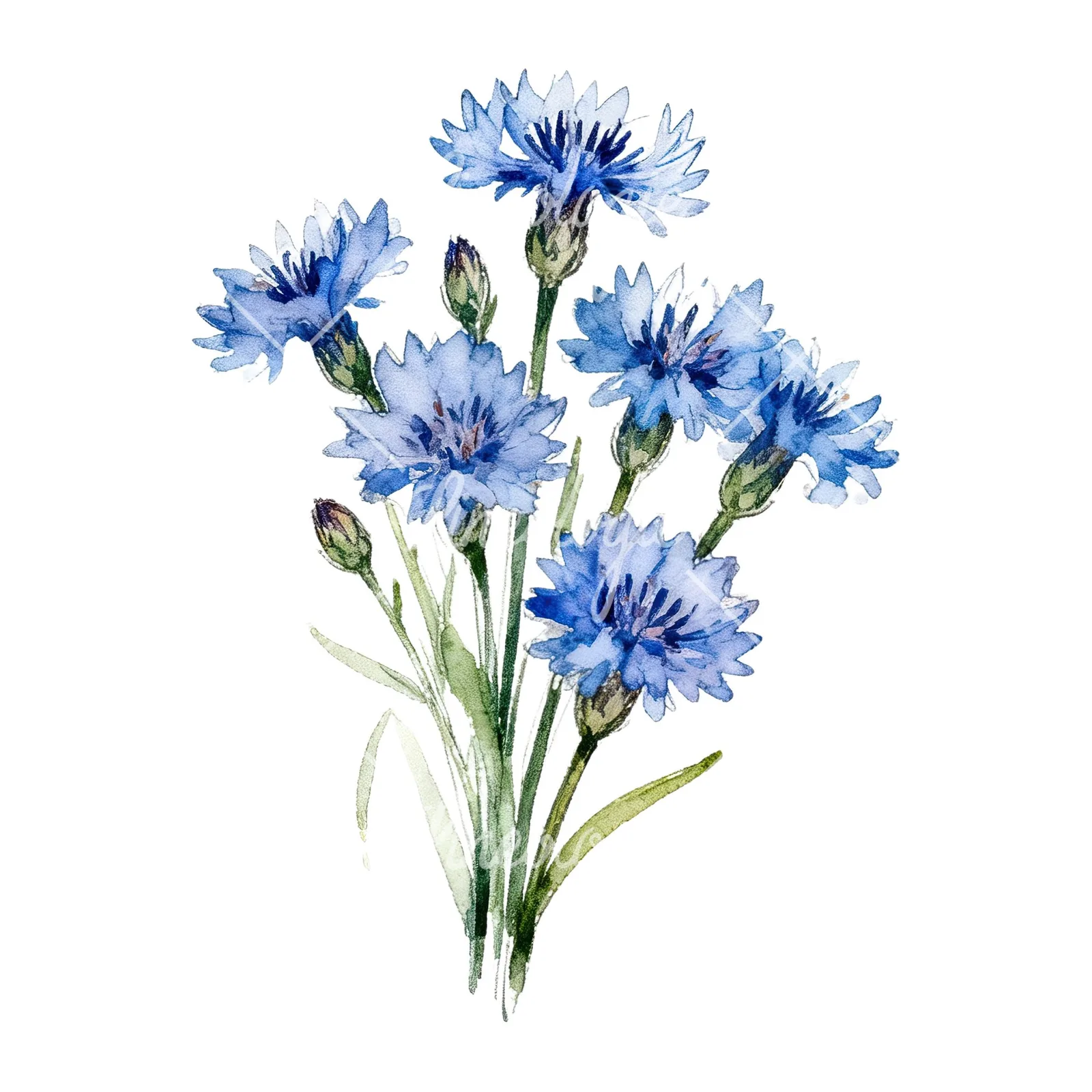 Watercolor loose blue cornflower bouquet clipart 5 of 9 on a white background (JPG)