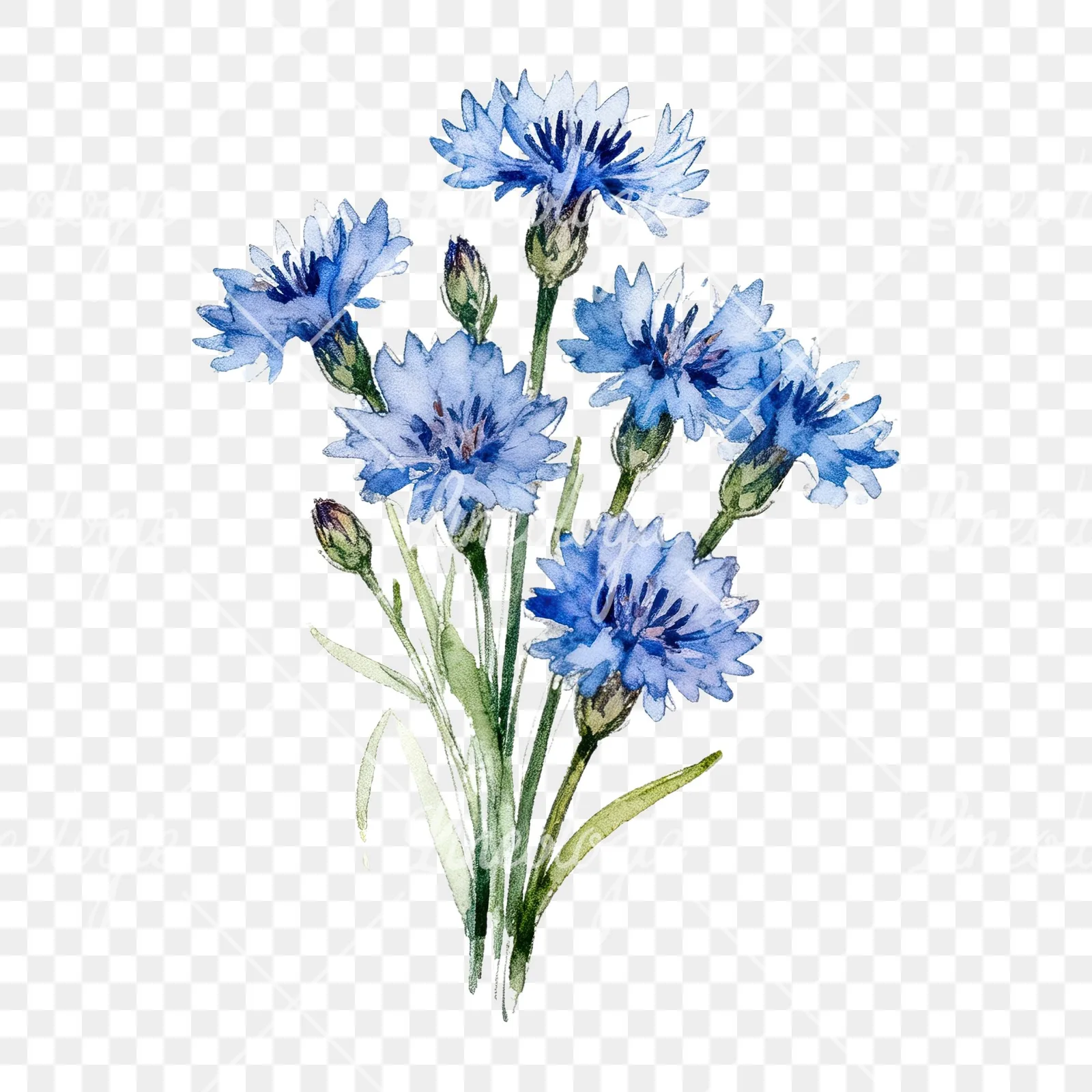 Watercolor loose blue cornflower bouquet clipart 5 of 9 on a transparent background (PNG)