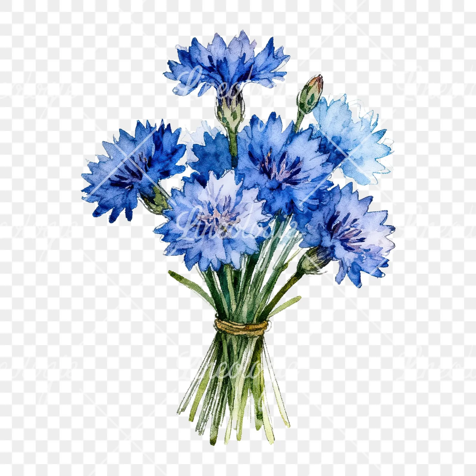 Watercolor loose blue cornflower bouquet clipart 6 of 9 on a transparent background (PNG)