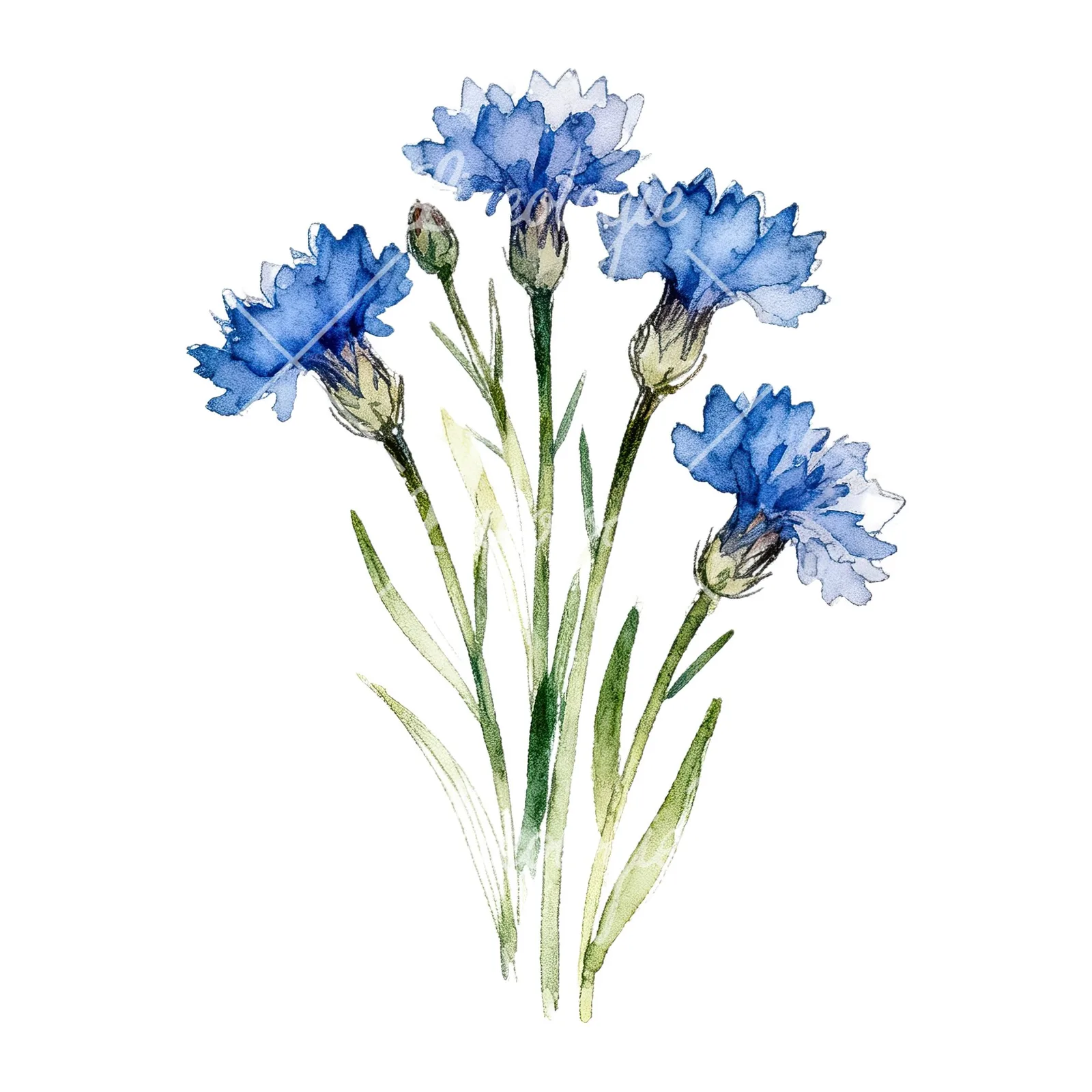 Watercolor loose blue cornflower bouquet clipart 7 of 9 on a white background (JPG)