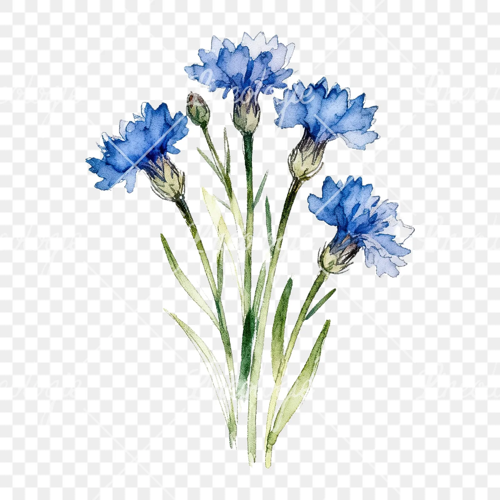 Watercolor loose blue cornflower bouquet clipart 7 of 9 on a transparent background (PNG)