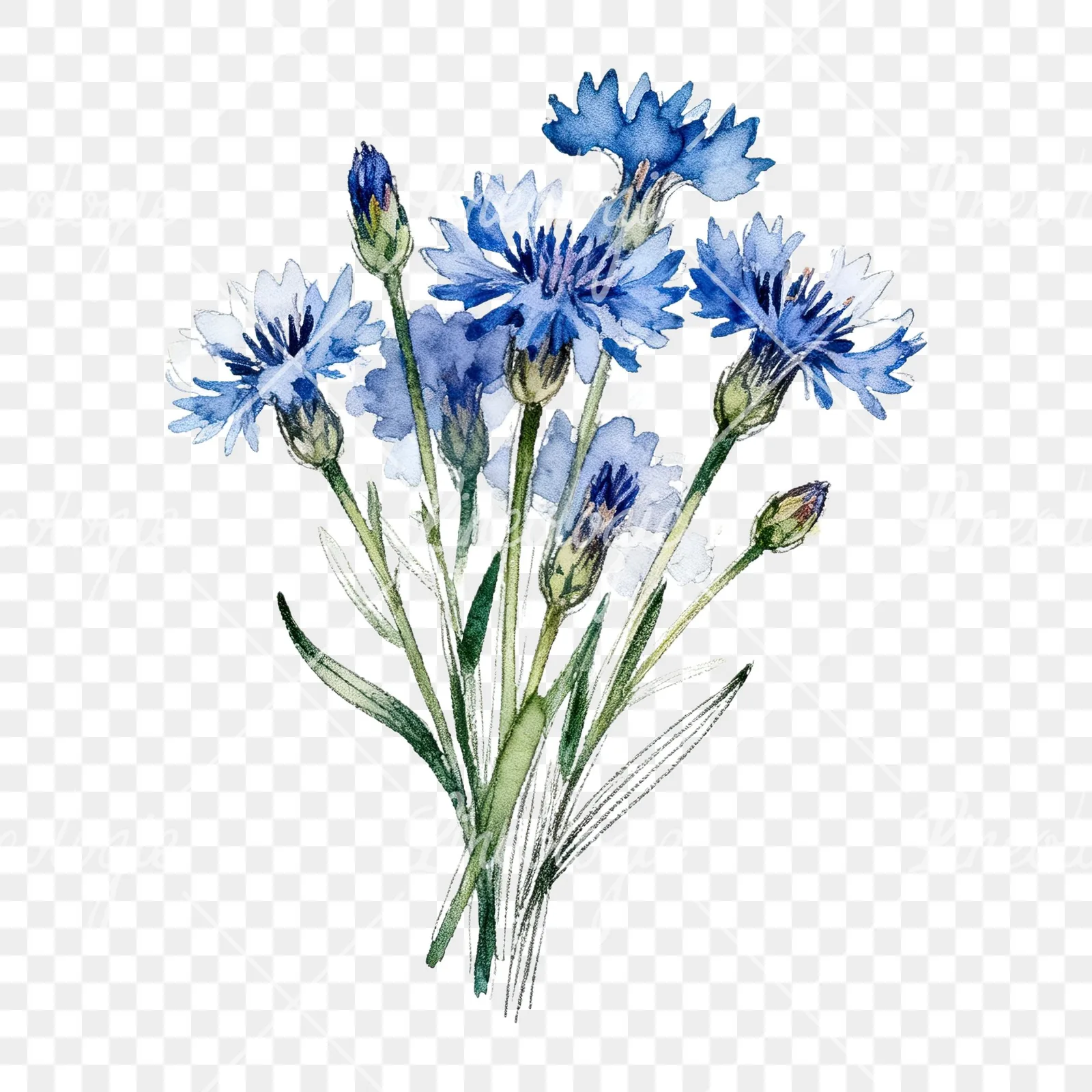 Watercolor loose blue cornflower bouquet clipart 8 of 9 on a transparent background (PNG)