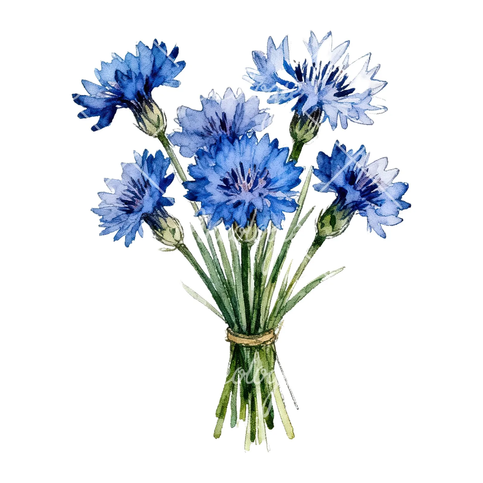 Watercolor loose blue cornflower bouquet clipart 9 of 9 on a white background (JPG)