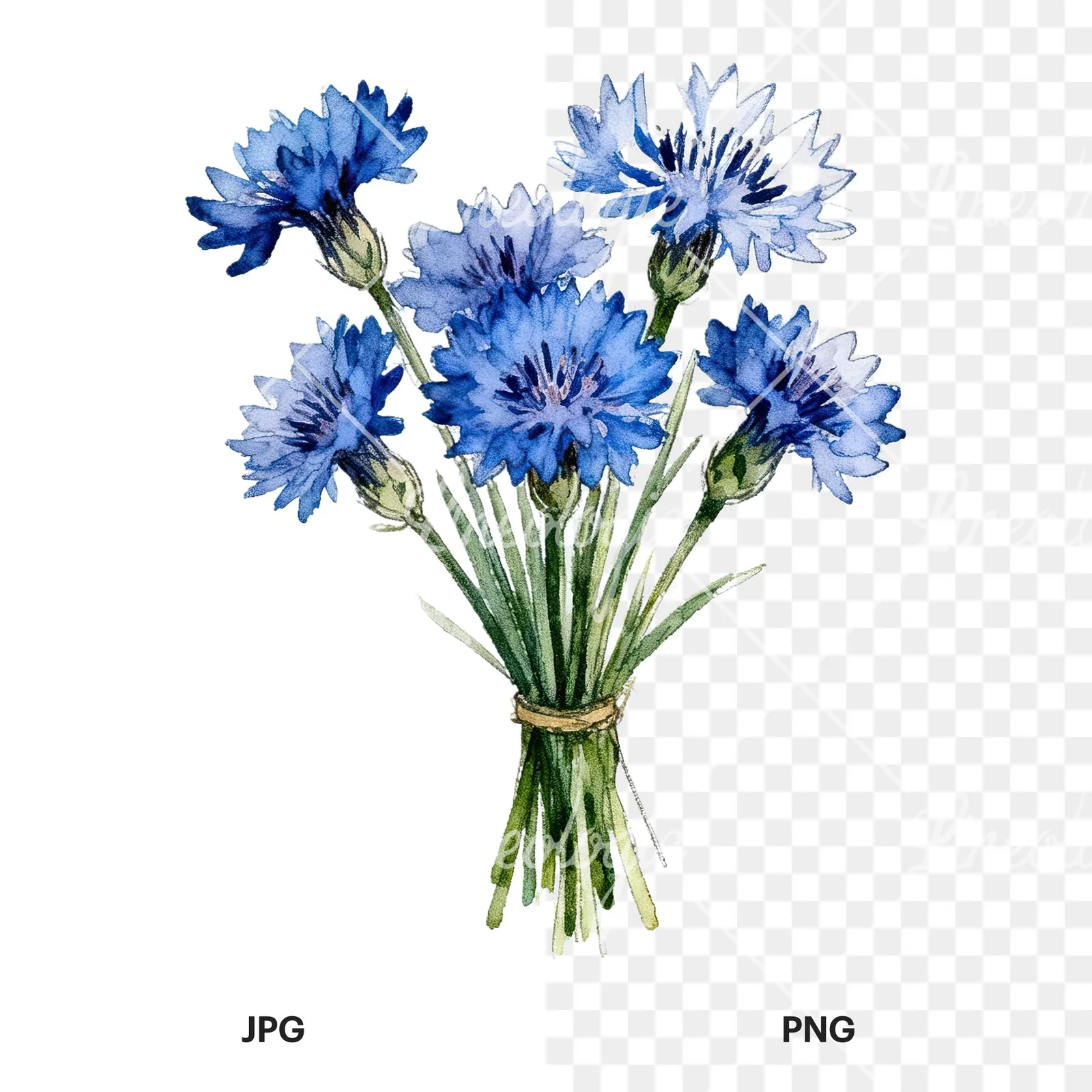 Watercolor loose blue cornflower bouquet clipart 9 of 9, as a JPG on white and a transparent PNG