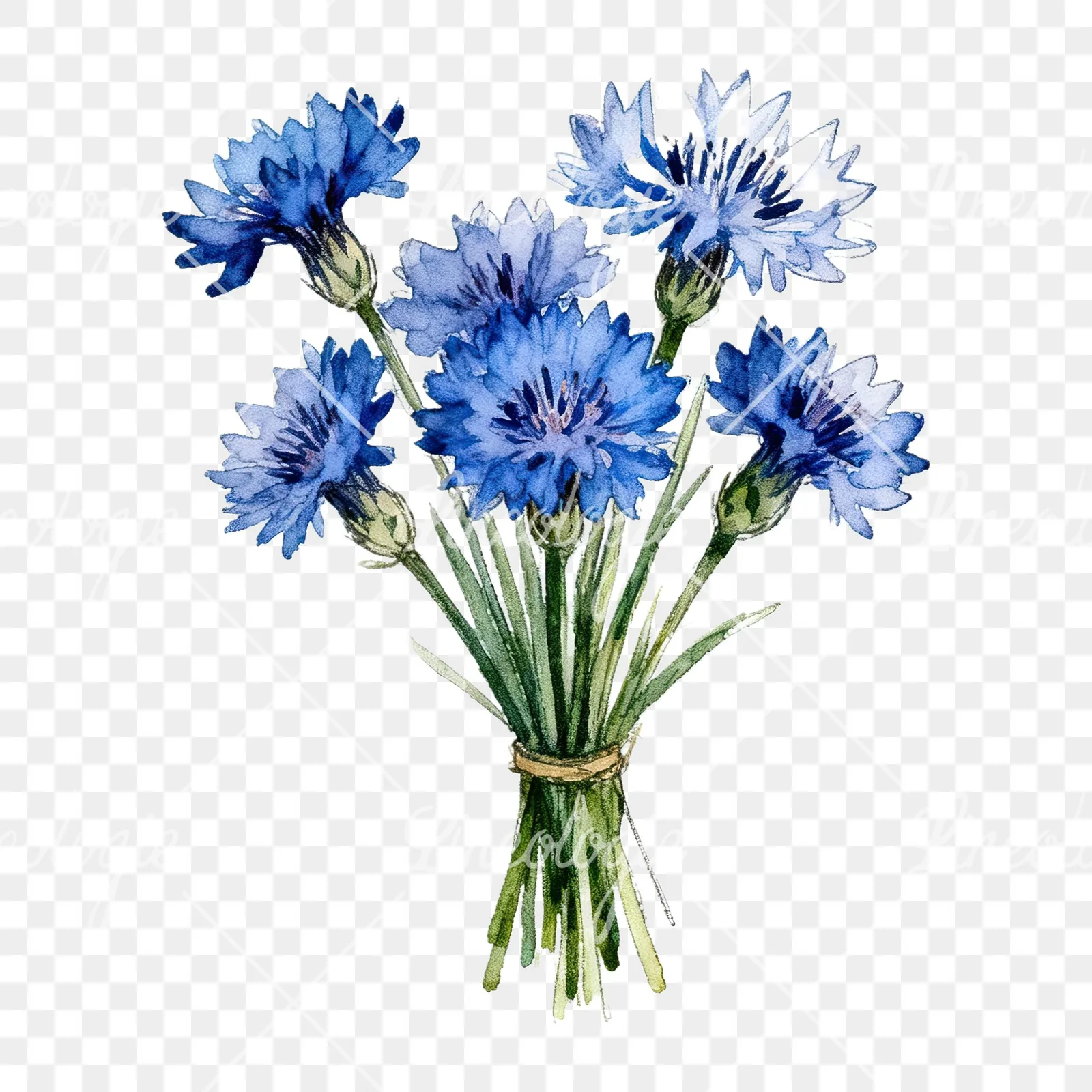 Watercolor loose blue cornflower bouquet clipart 9 of 9 on a transparent background (PNG)