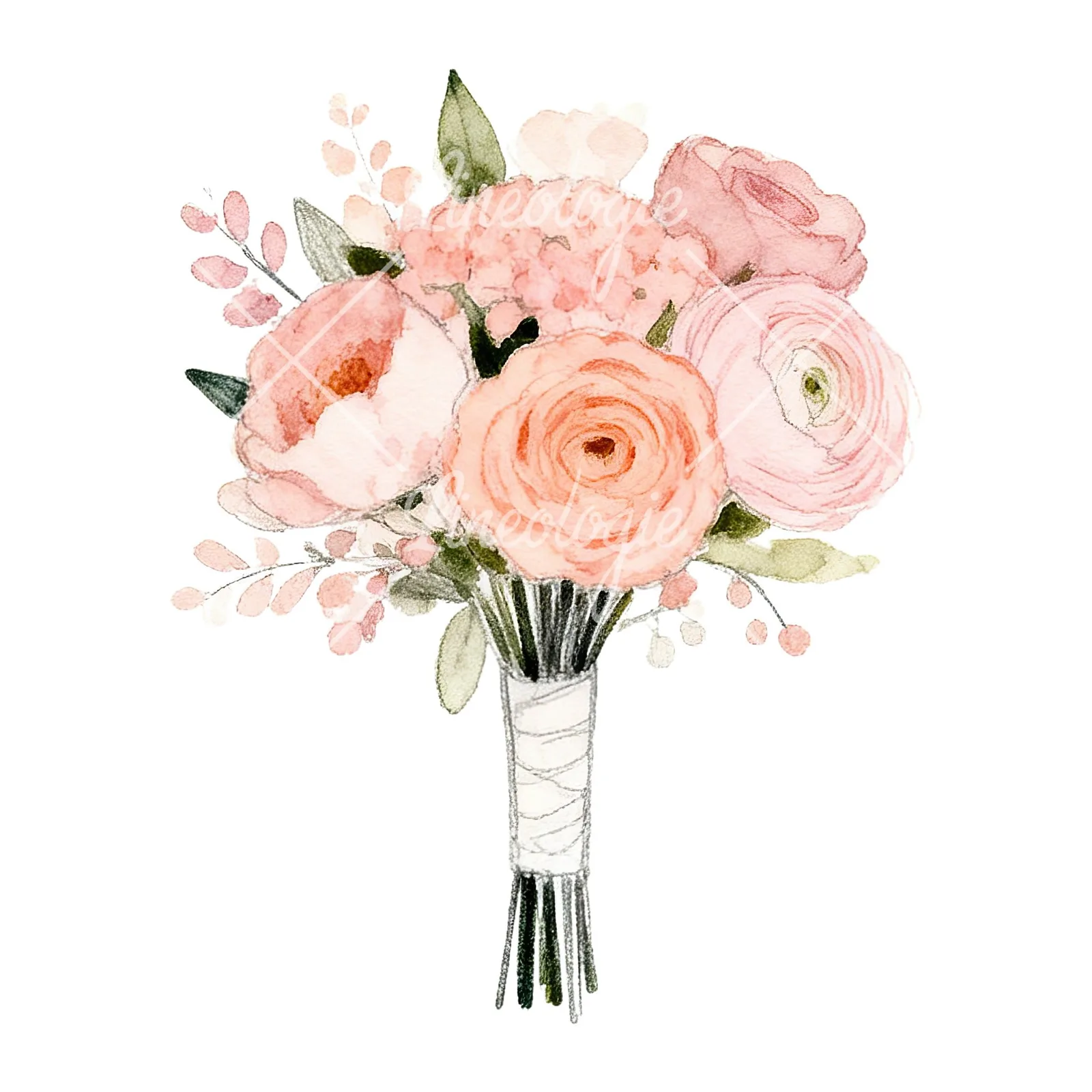 Watercolor blush and peach wedding bouquet clipart 1 of 9 on a white background (JPG)