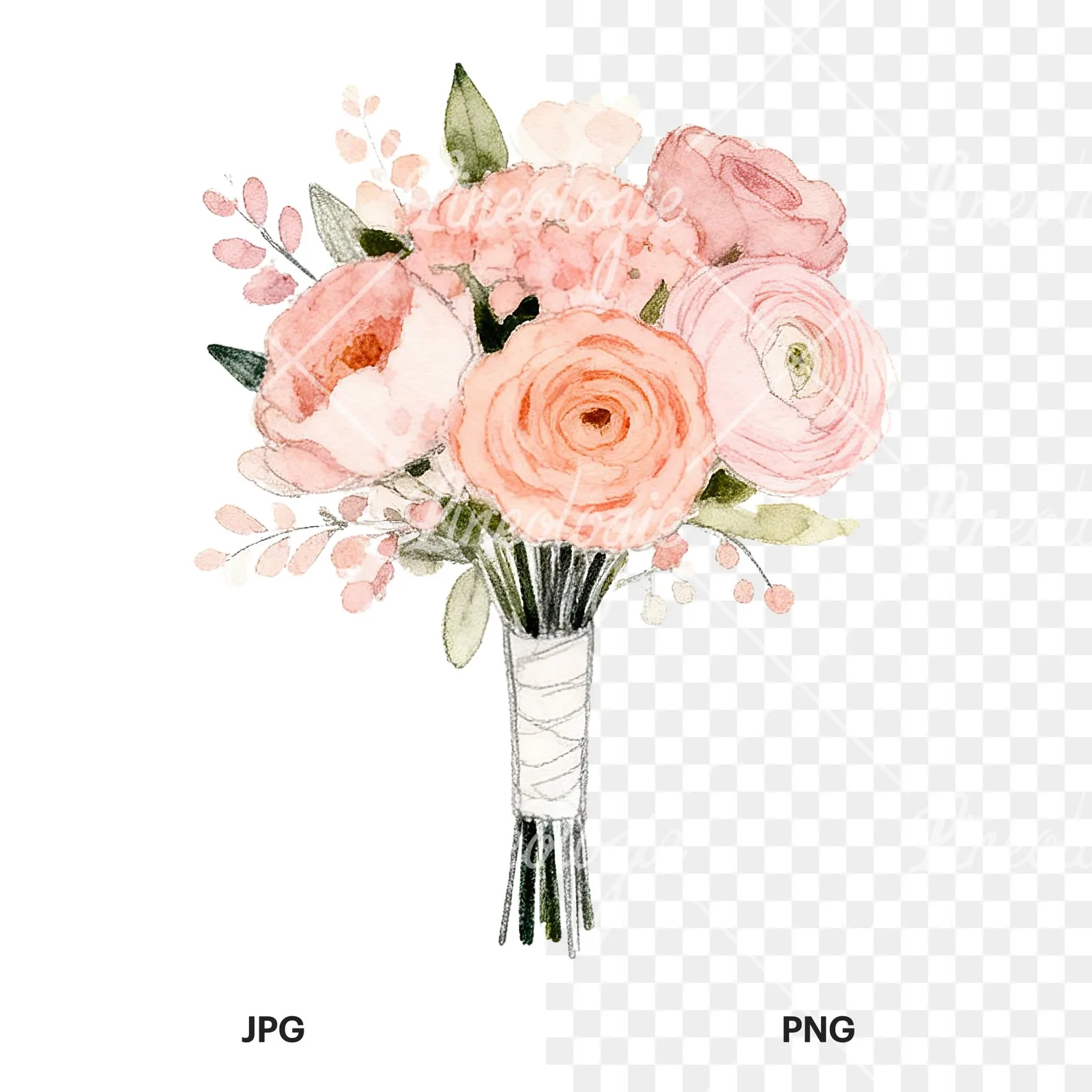 Watercolor blush and peach wedding bouquet clipart 1 of 9, as a JPG on white and a transparent PNG