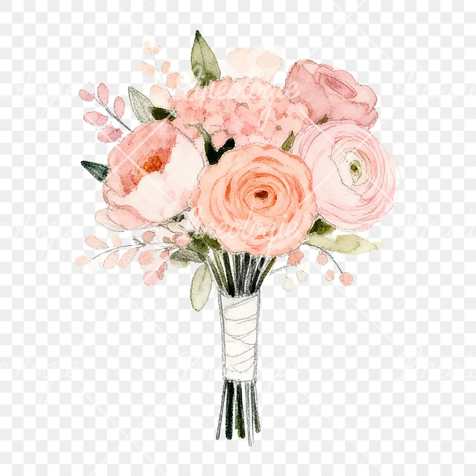Watercolor blush and peach wedding bouquet clipart 1 of 9 on a transparent background (PNG)
