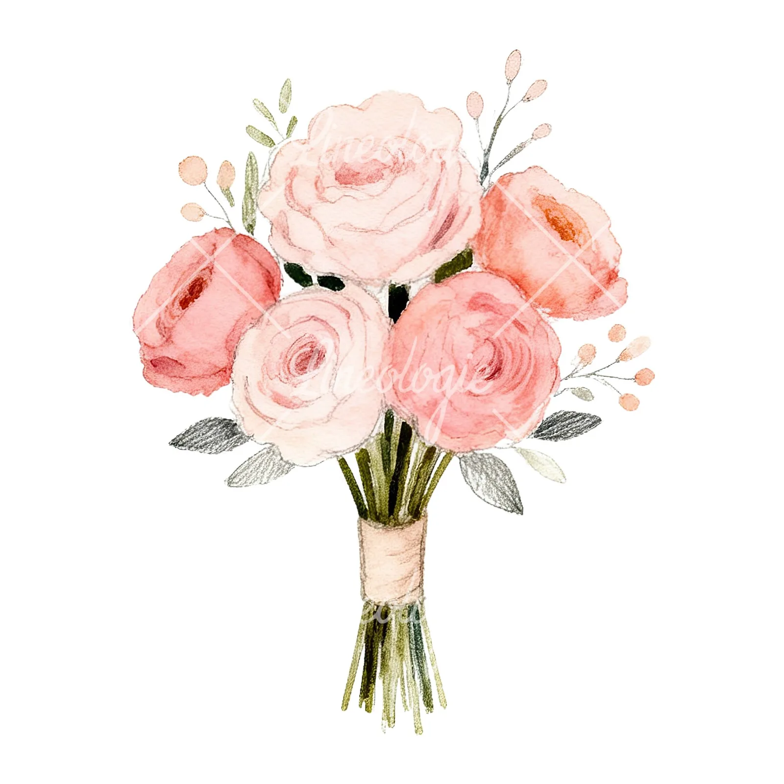 Watercolor blush and peach wedding bouquet clipart 2 of 9 on a white background (JPG)