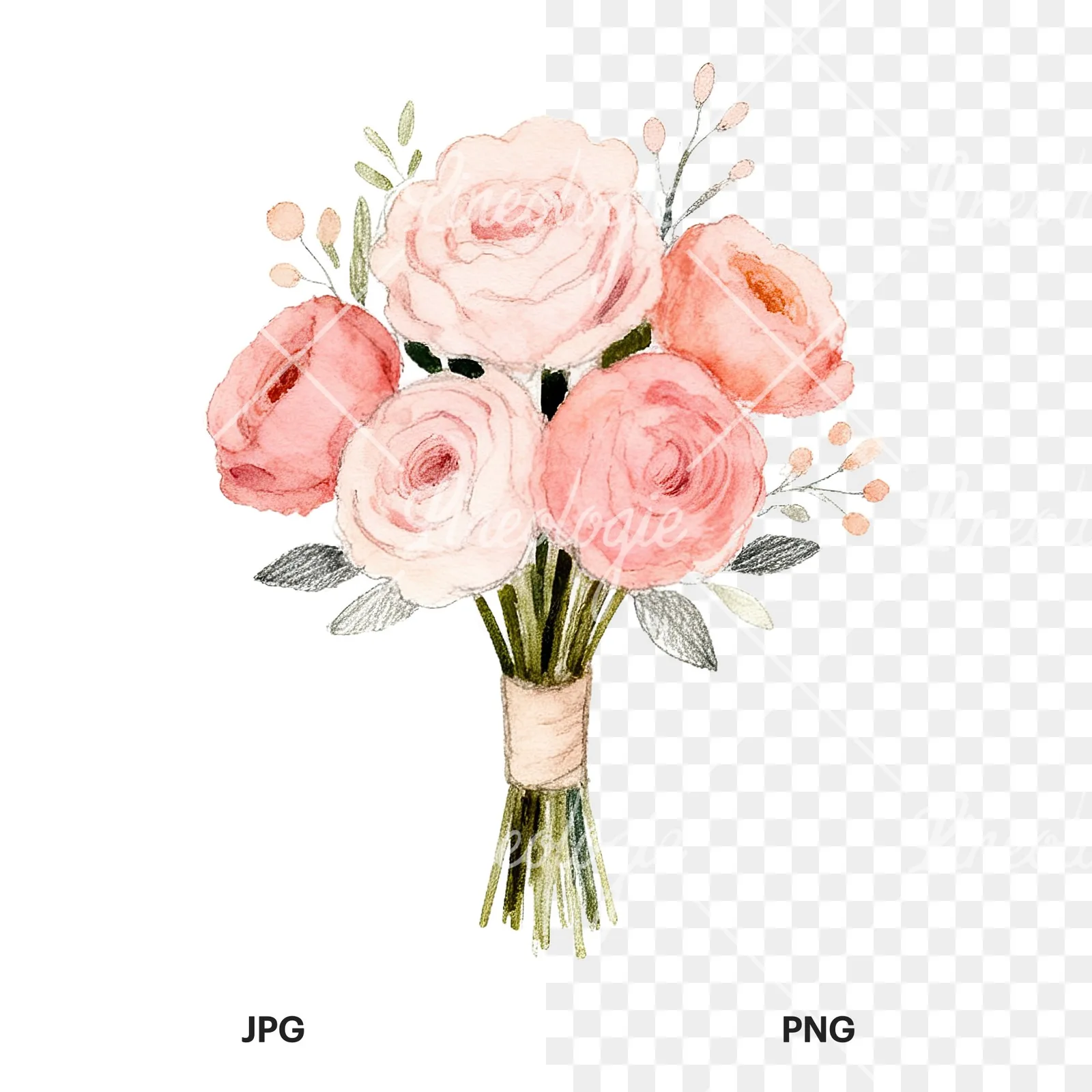 Watercolor blush and peach wedding bouquet clipart 2 of 9, as a JPG on white and a transparent PNG