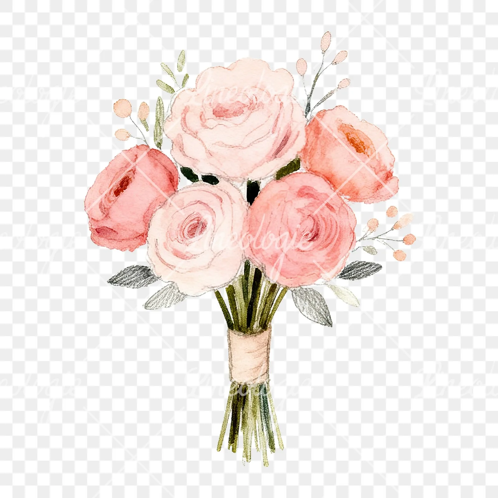 Watercolor blush and peach wedding bouquet clipart 2 of 9 on a transparent background (PNG)
