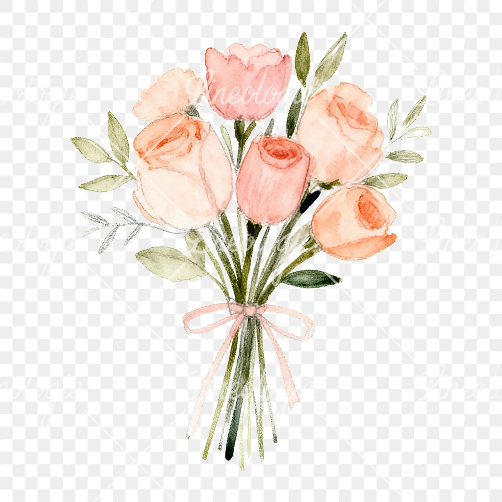 Watercolor blush and peach wedding bouquet clipart 3 of 9 on a transparent background (PNG)