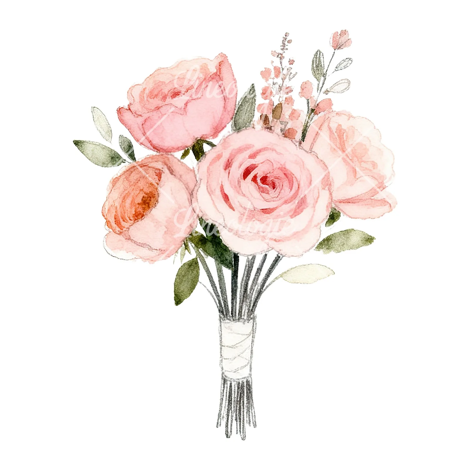 Watercolor blush and peach wedding bouquet clipart 4 of 9 on a white background (JPG)