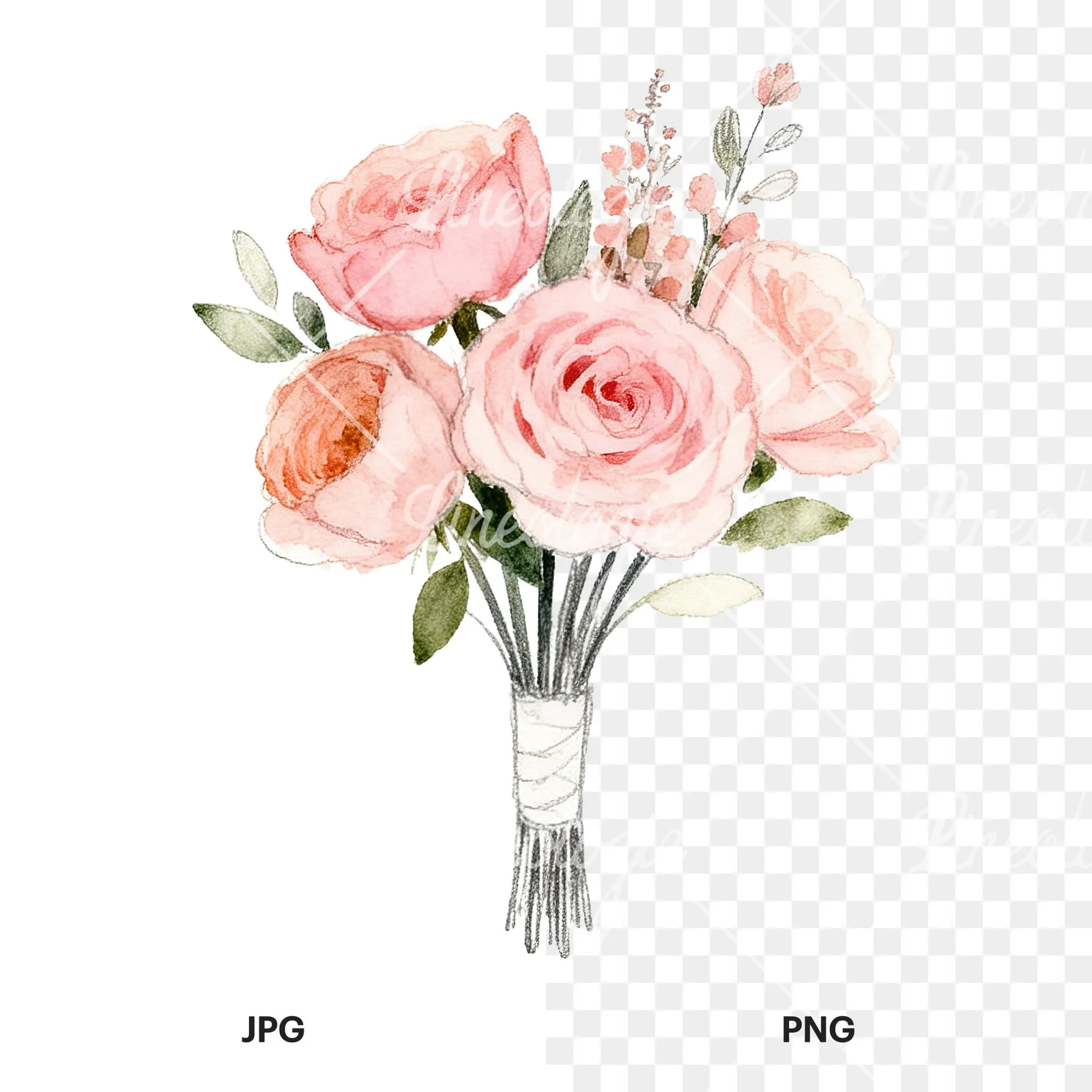 Watercolor blush and peach wedding bouquet clipart 4 of 9, as a JPG on white and a transparent PNG