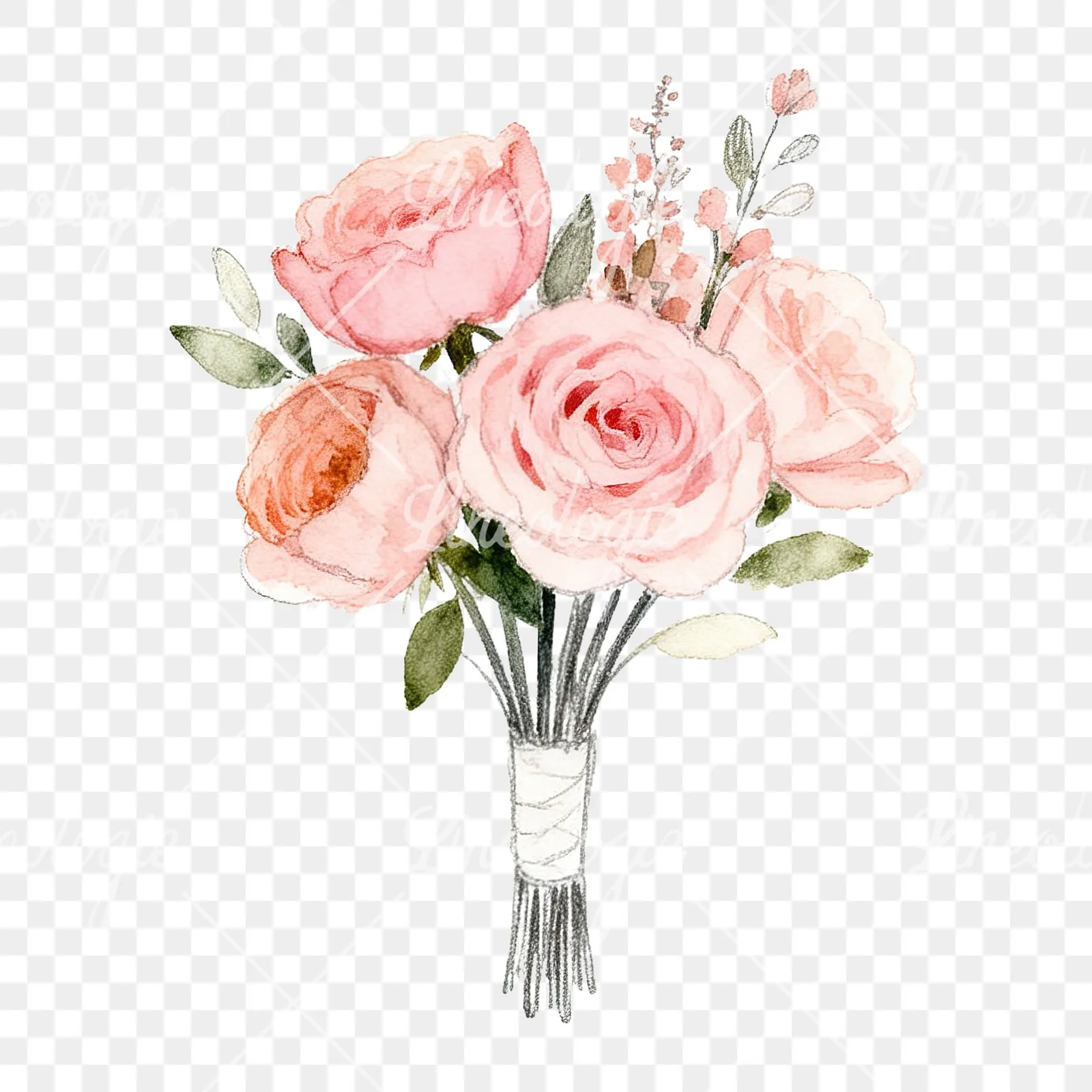 Watercolor blush and peach wedding bouquet clipart 4 of 9 on a transparent background (PNG)