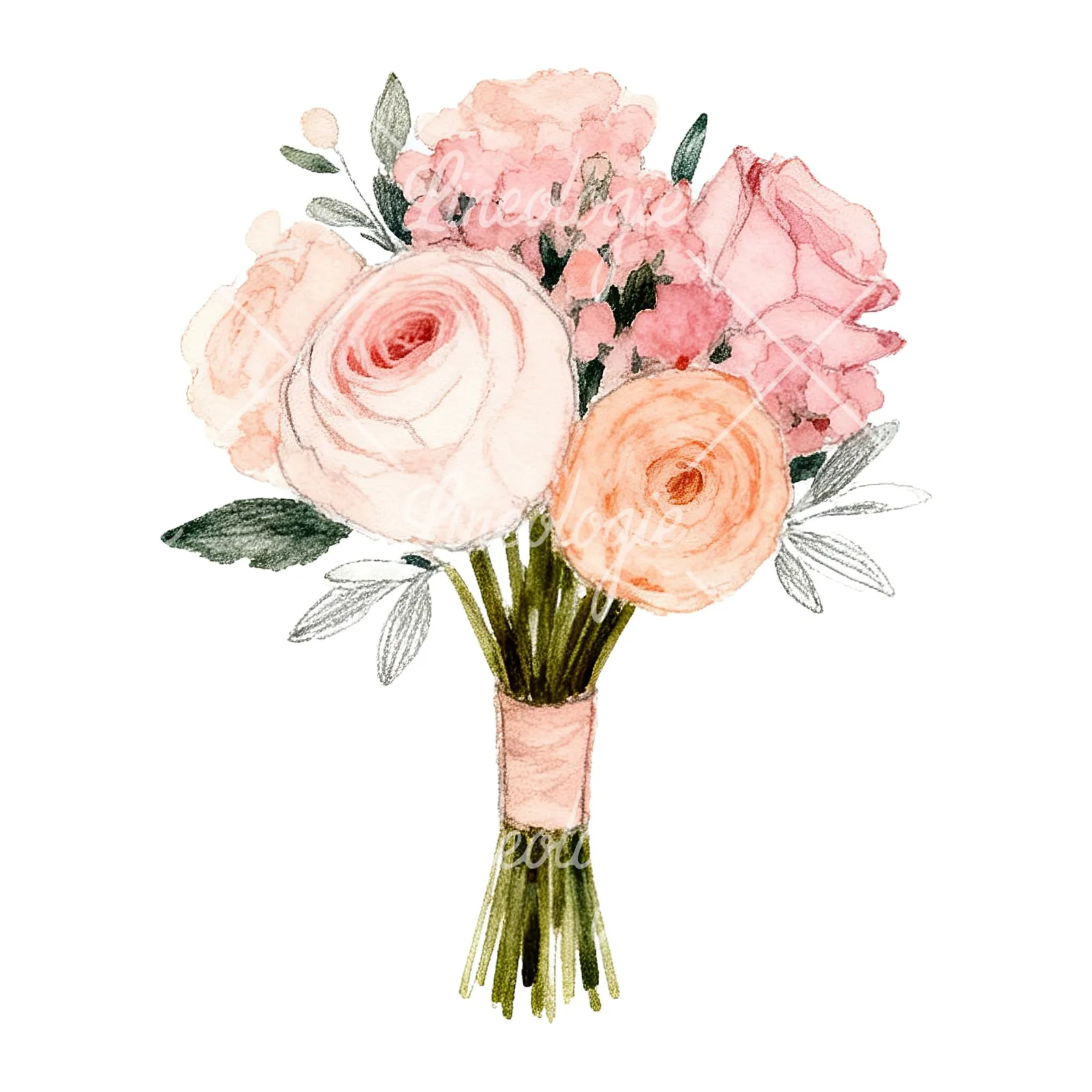 Watercolor blush and peach wedding bouquet clipart 5 of 9 on a white background (JPG)