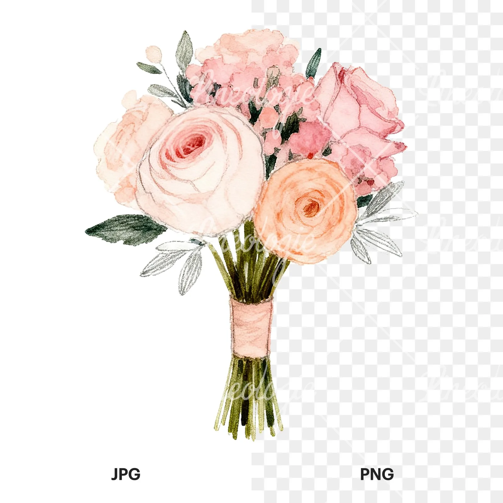 Watercolor blush and peach wedding bouquet clipart 5 of 9, as a JPG on white and a transparent PNG