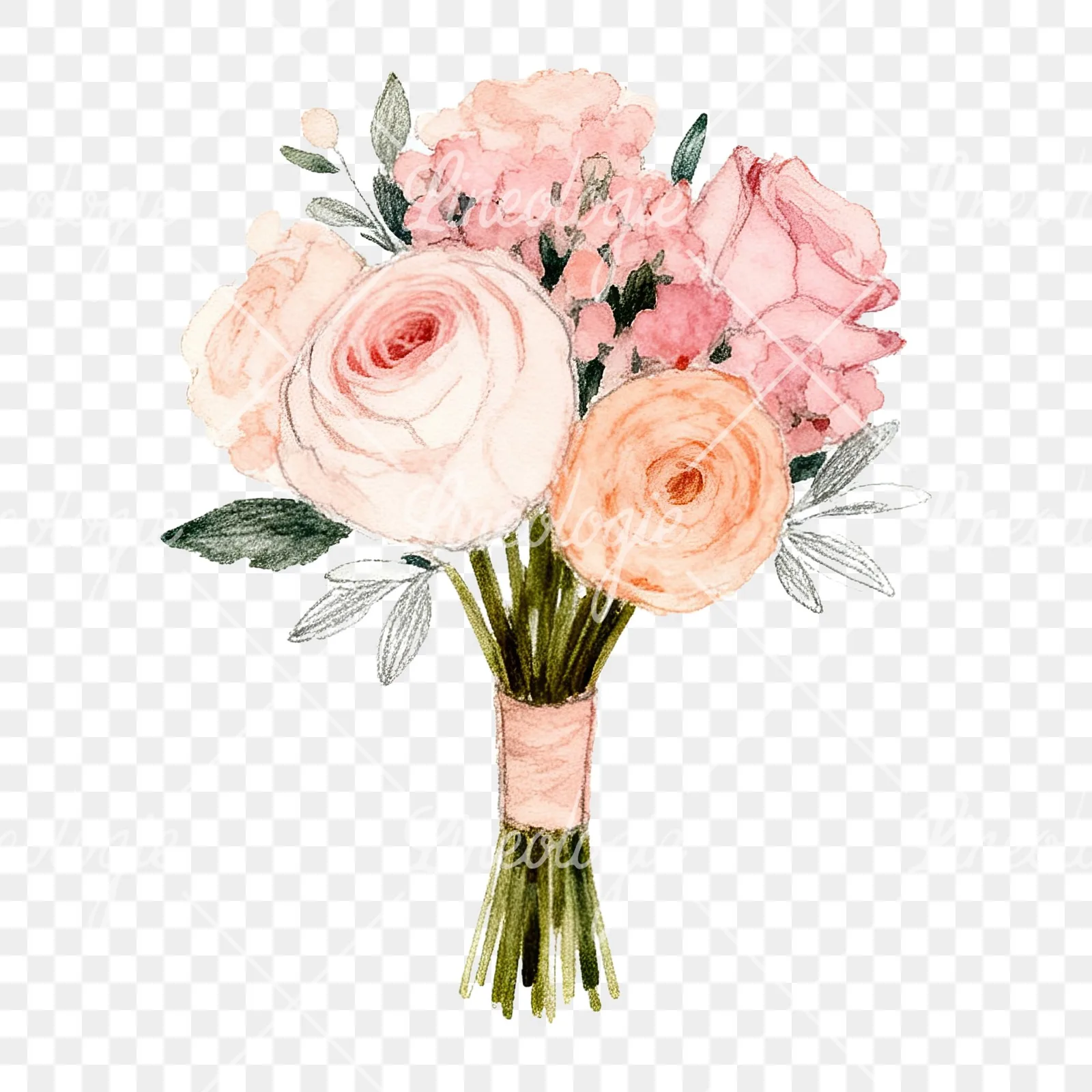 Watercolor blush and peach wedding bouquet clipart 5 of 9 on a transparent background (PNG)
