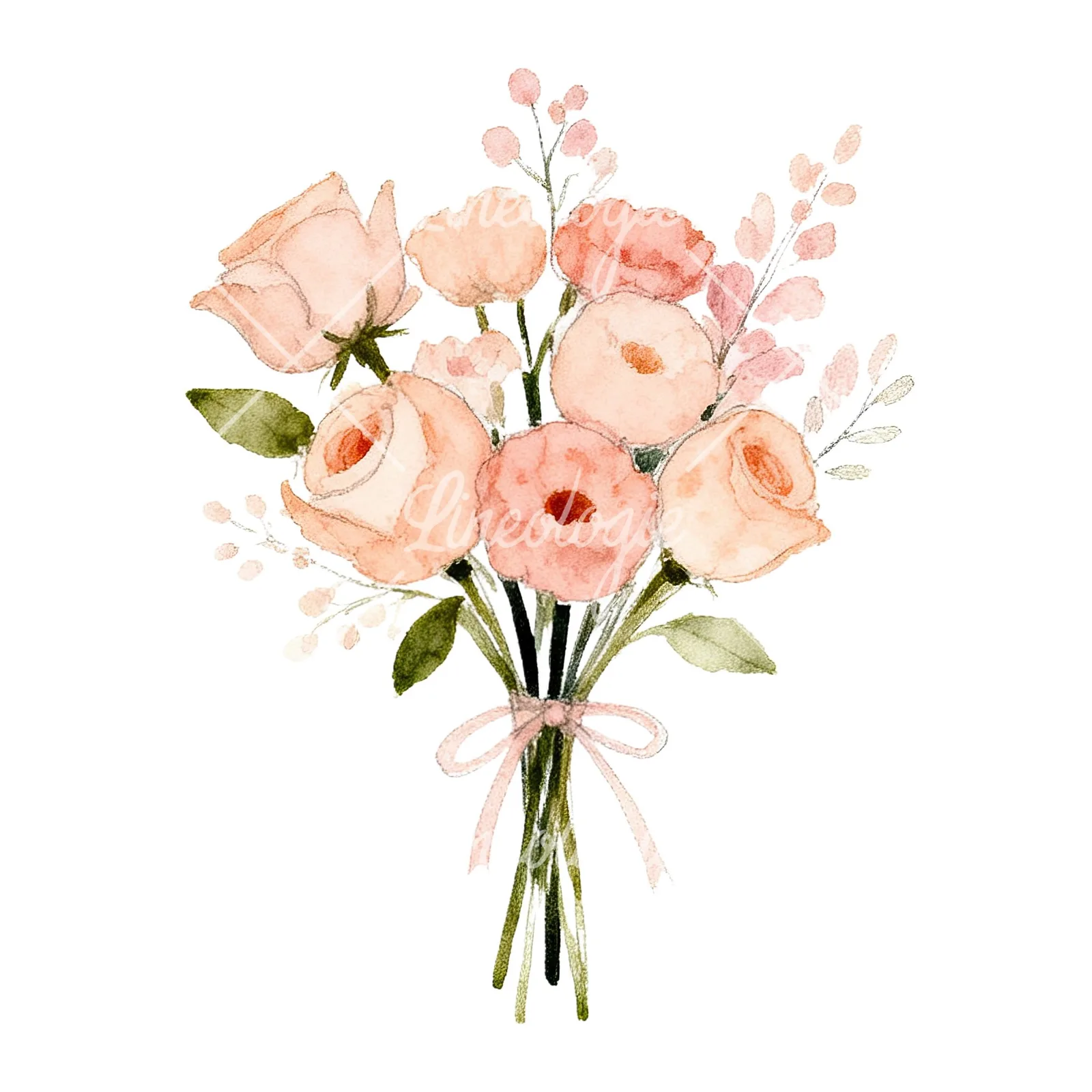 Watercolor blush and peach wedding bouquet clipart 6 of 9 on a white background (JPG)