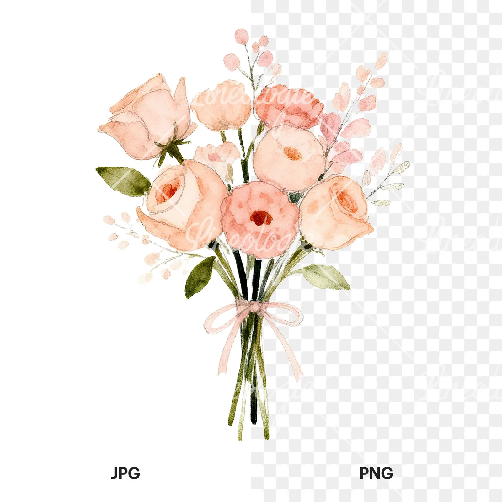 Watercolor blush and peach wedding bouquet clipart 6 of 9, as a JPG on white and a transparent PNG