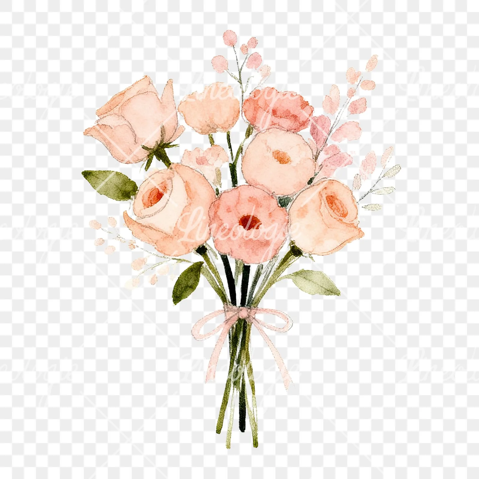 Watercolor blush and peach wedding bouquet clipart 6 of 9 on a transparent background (PNG)