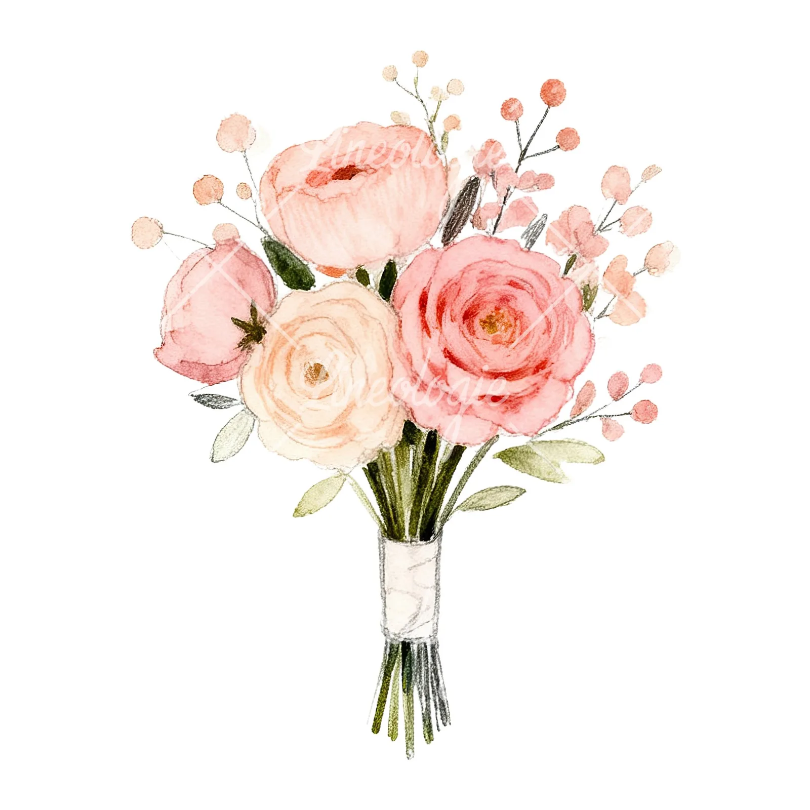 Watercolor blush and peach wedding bouquet clipart 7 of 9 on a white background (JPG)
