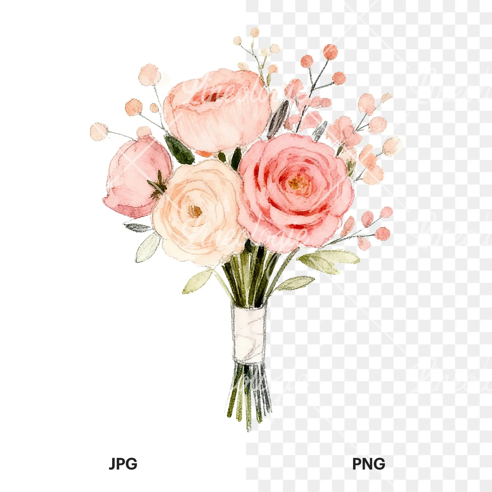 Watercolor blush and peach wedding bouquet clipart 7 of 9, as a JPG on white and a transparent PNG