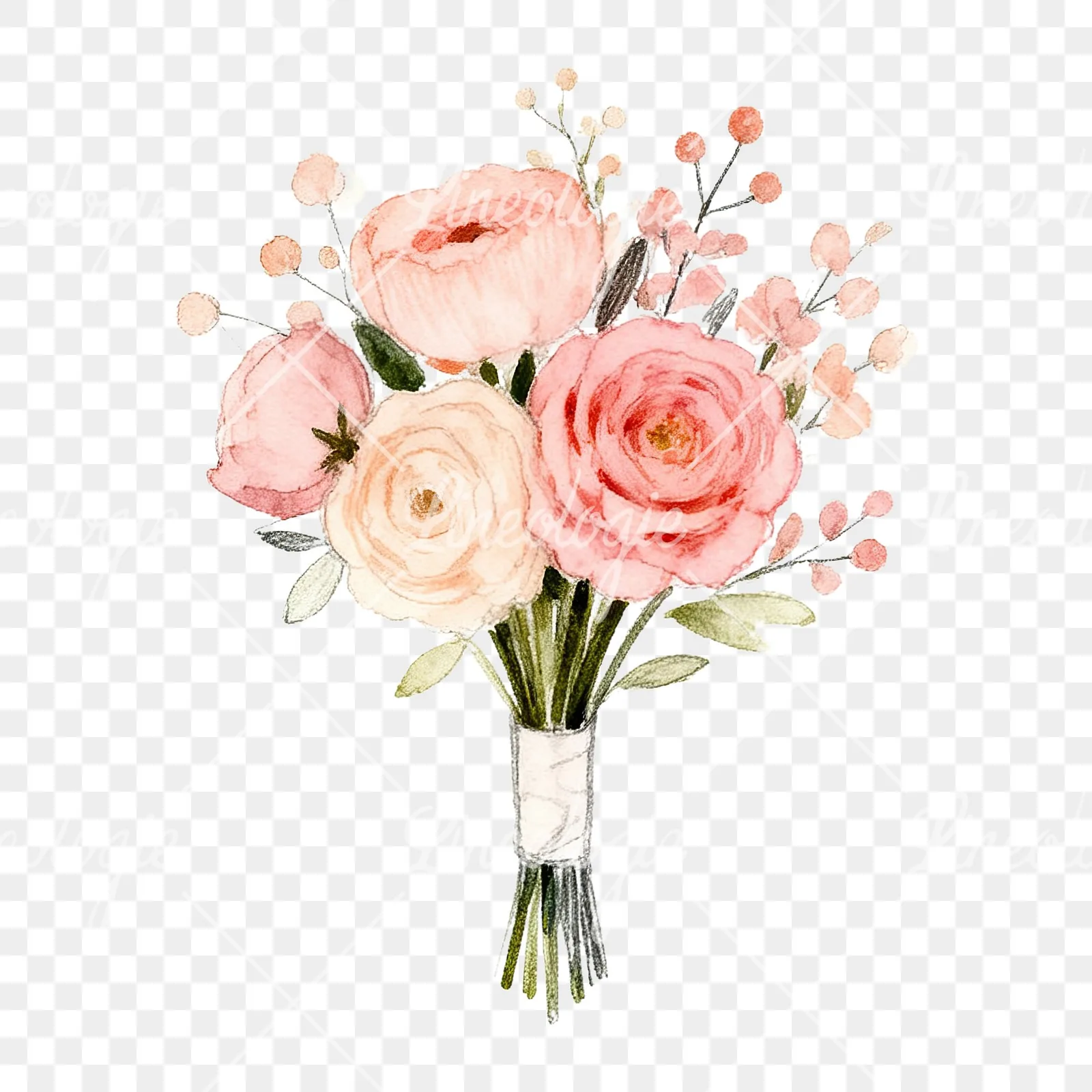 Watercolor blush and peach wedding bouquet clipart 7 of 9 on a transparent background (PNG)
