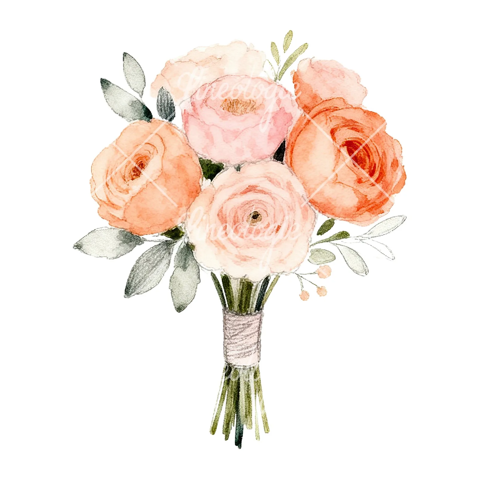 Watercolor blush and peach wedding bouquet clipart 8 of 9 on a white background (JPG)