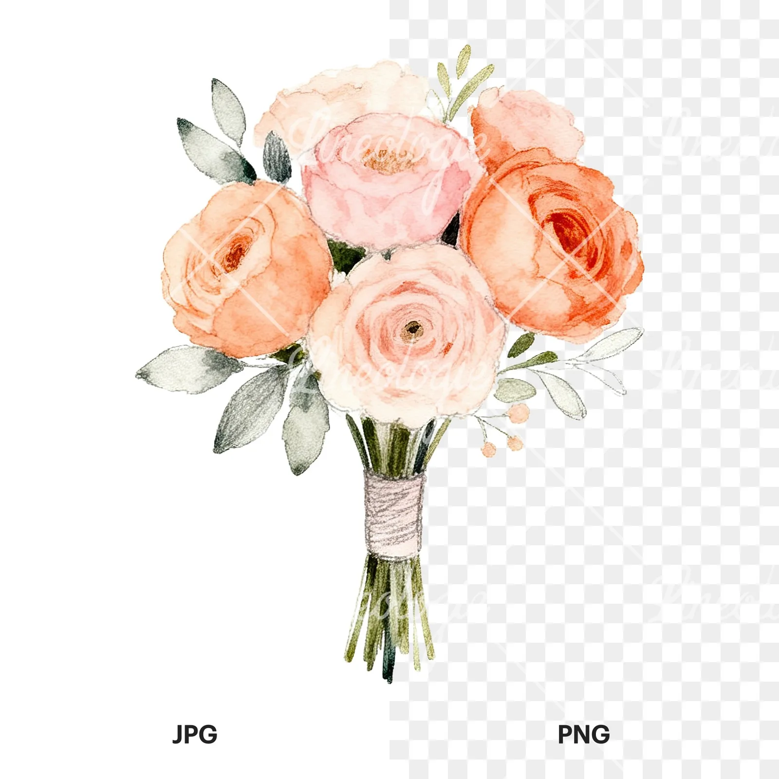 Watercolor blush and peach wedding bouquet clipart 8 of 9, as a JPG on white and a transparent PNG