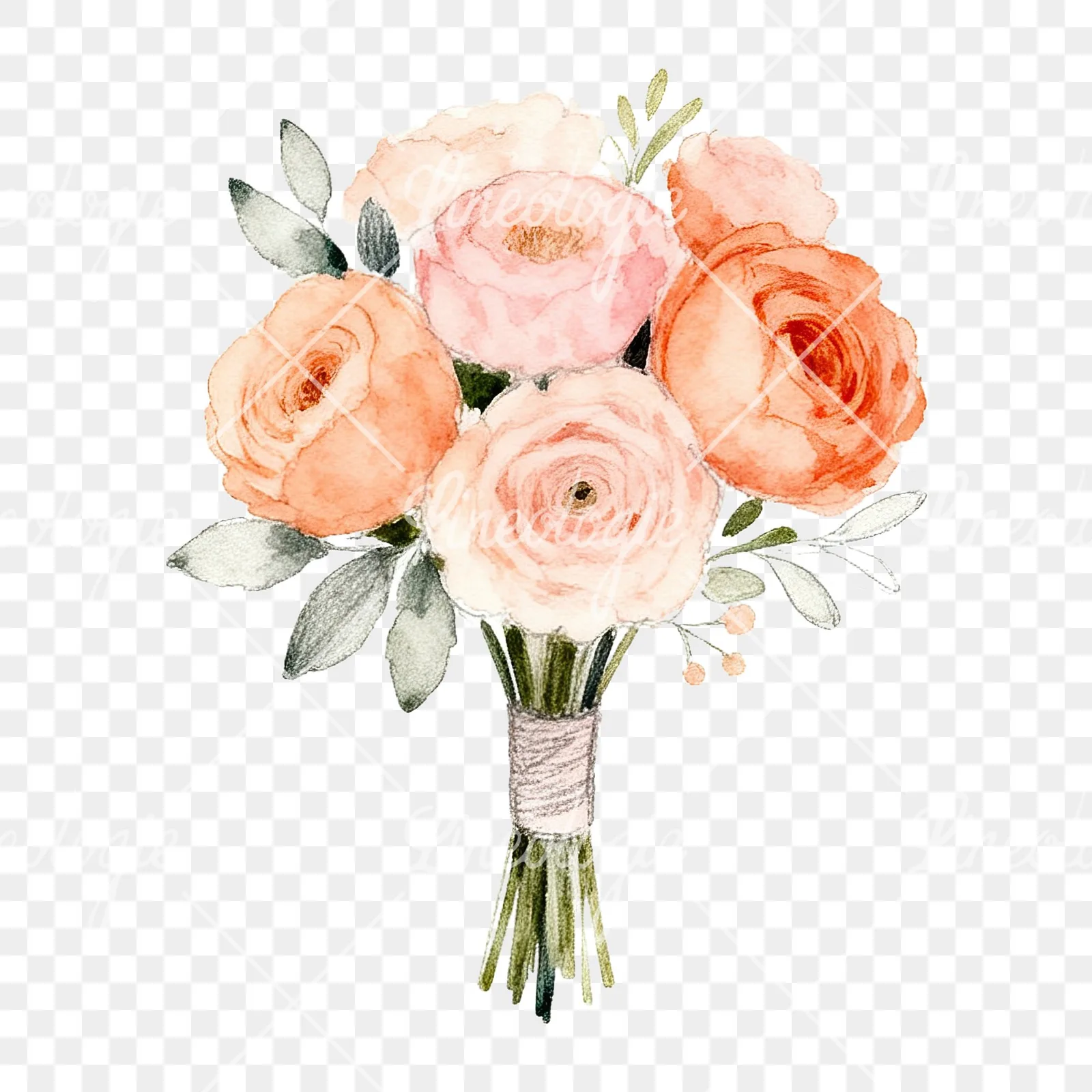 Watercolor blush and peach wedding bouquet clipart 8 of 9 on a transparent background (PNG)