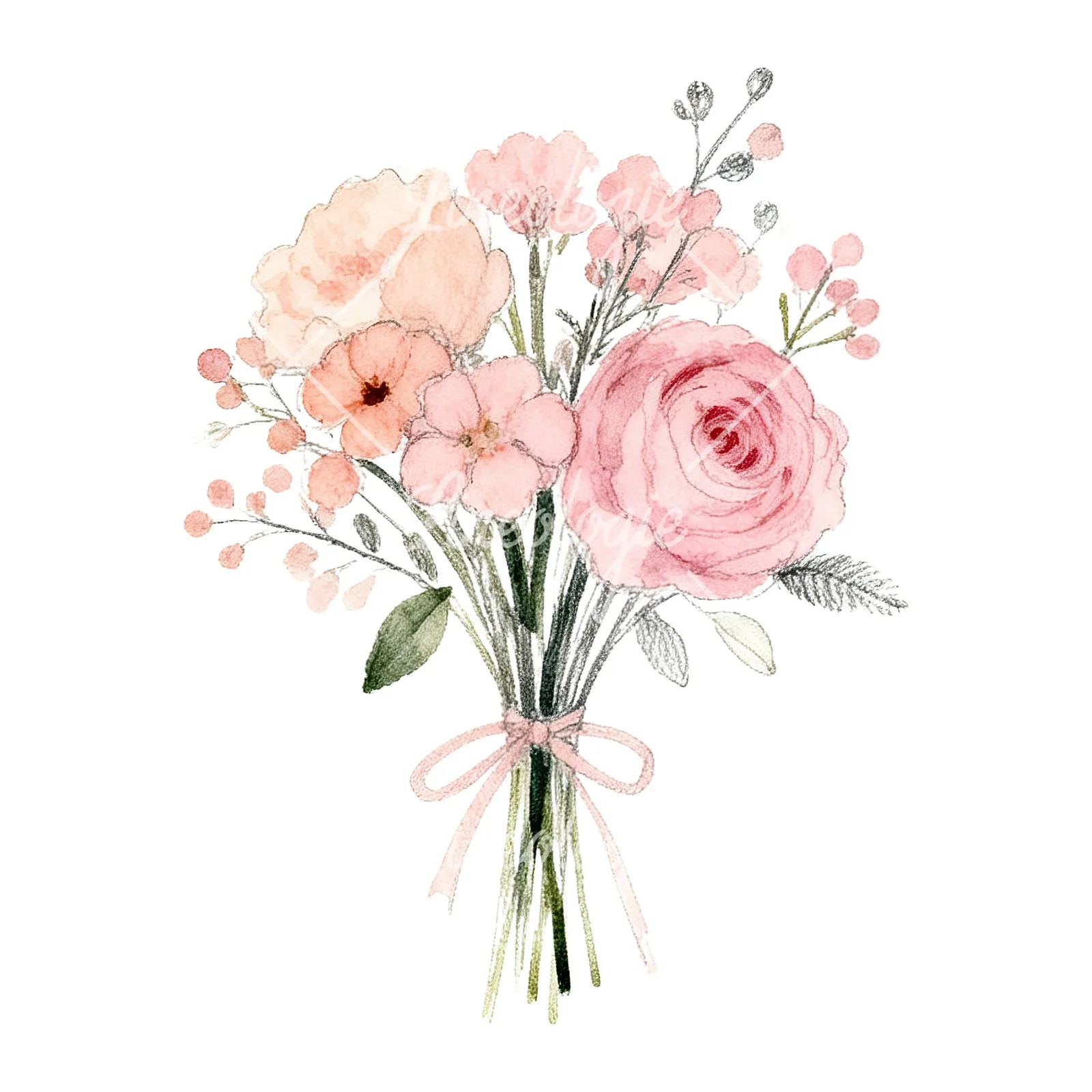 Watercolor blush and peach wedding bouquet clipart 9 of 9 on a white background (JPG)