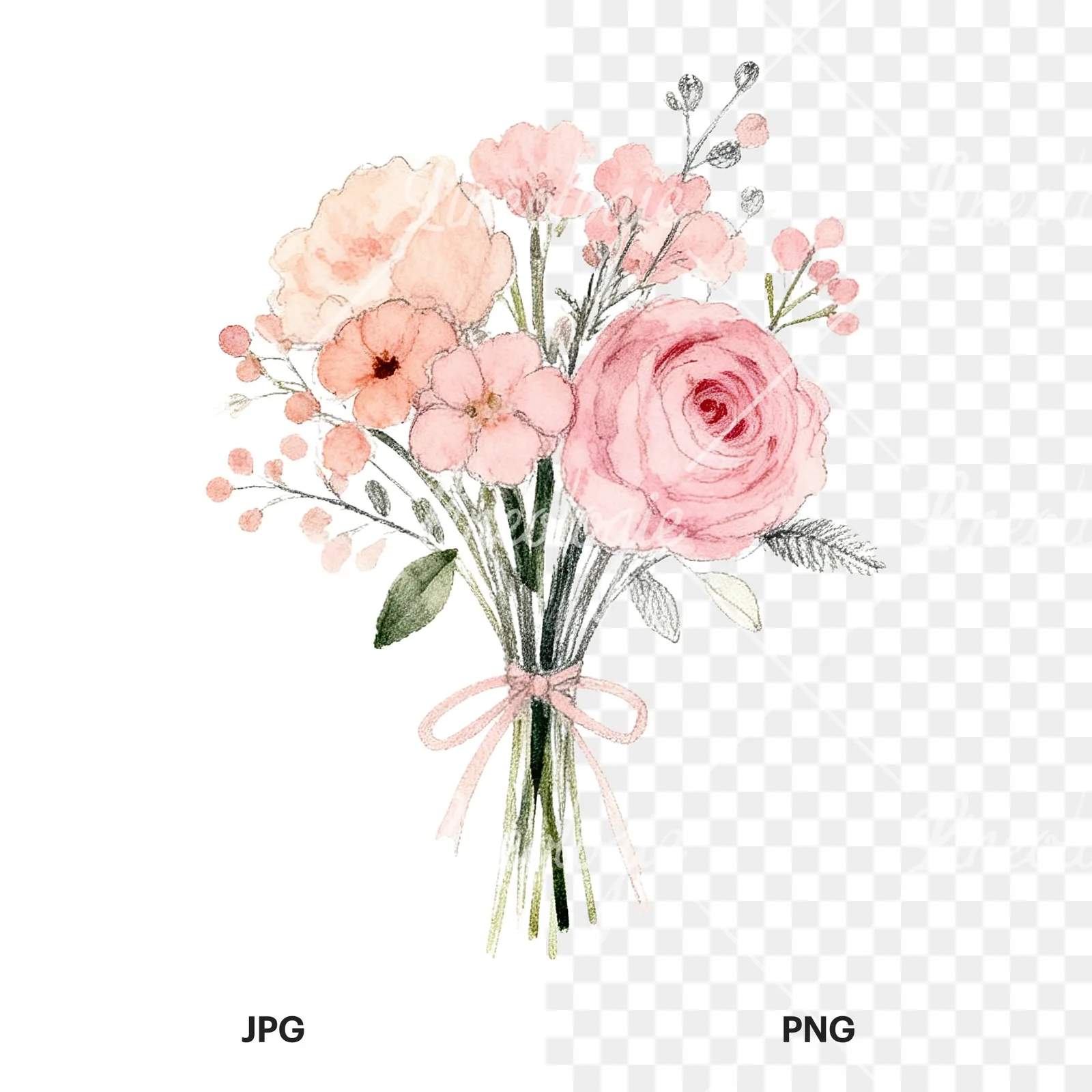 Watercolor blush and peach wedding bouquet clipart 9 of 9, as a JPG on white and a transparent PNG