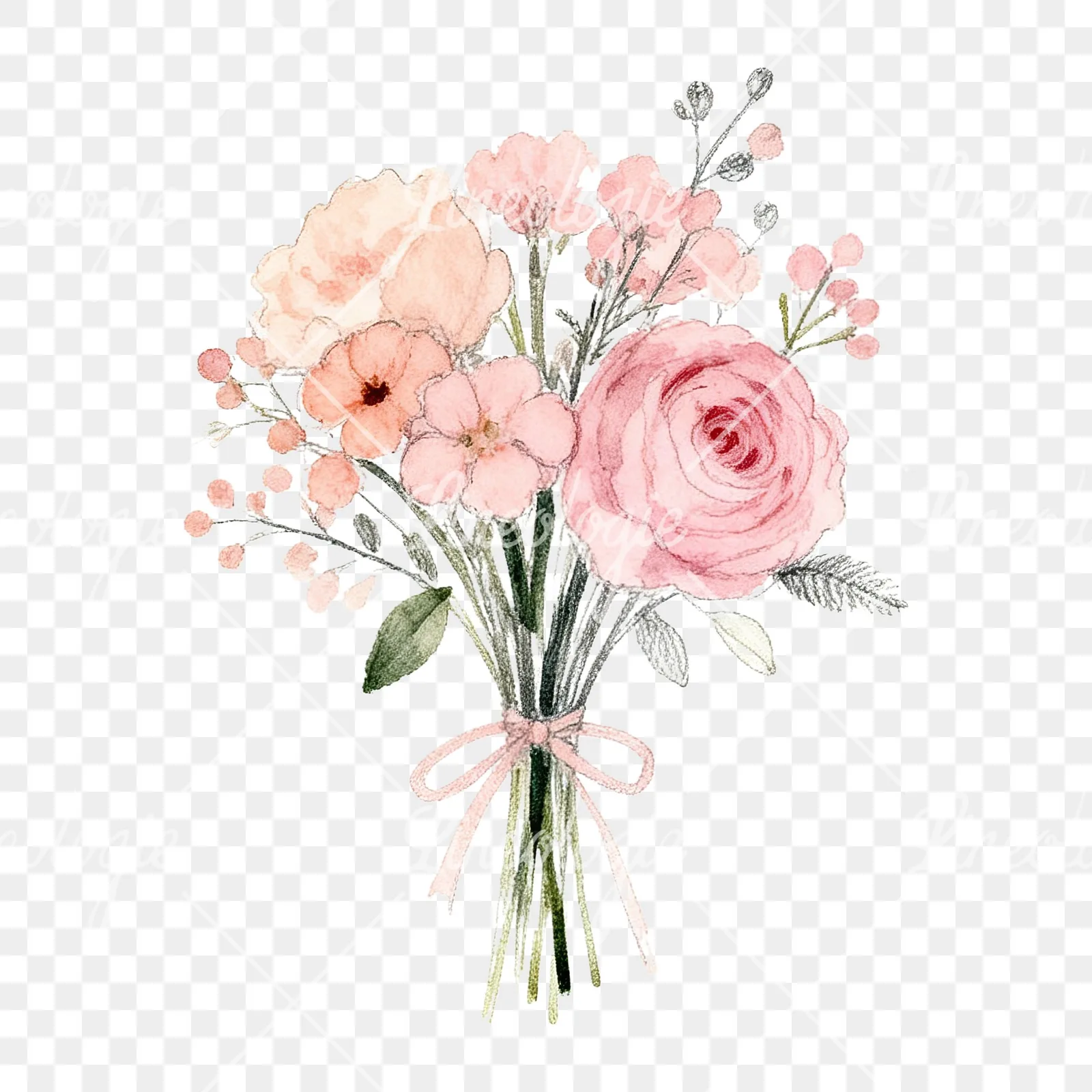 Watercolor blush and peach wedding bouquet clipart 9 of 9 on a transparent background (PNG)