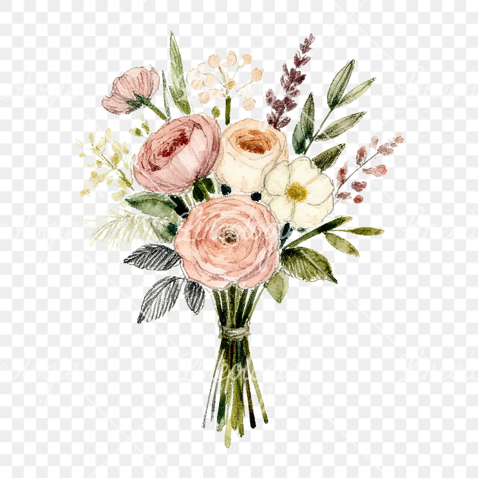 Watercolor pastel boho wedding bouquet clipart 2 of 9 on a transparent background (PNG)
