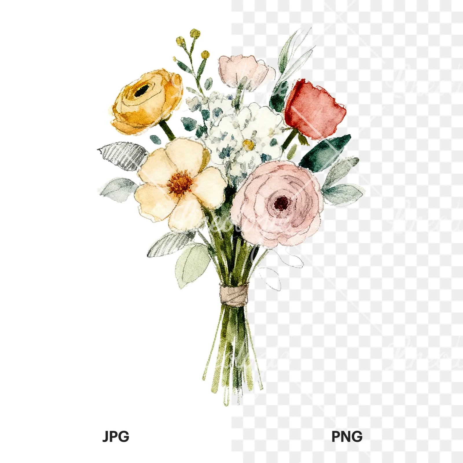 Watercolor pastel boho wedding bouquet clipart 3 of 9, as a JPG on white and a transparent PNG