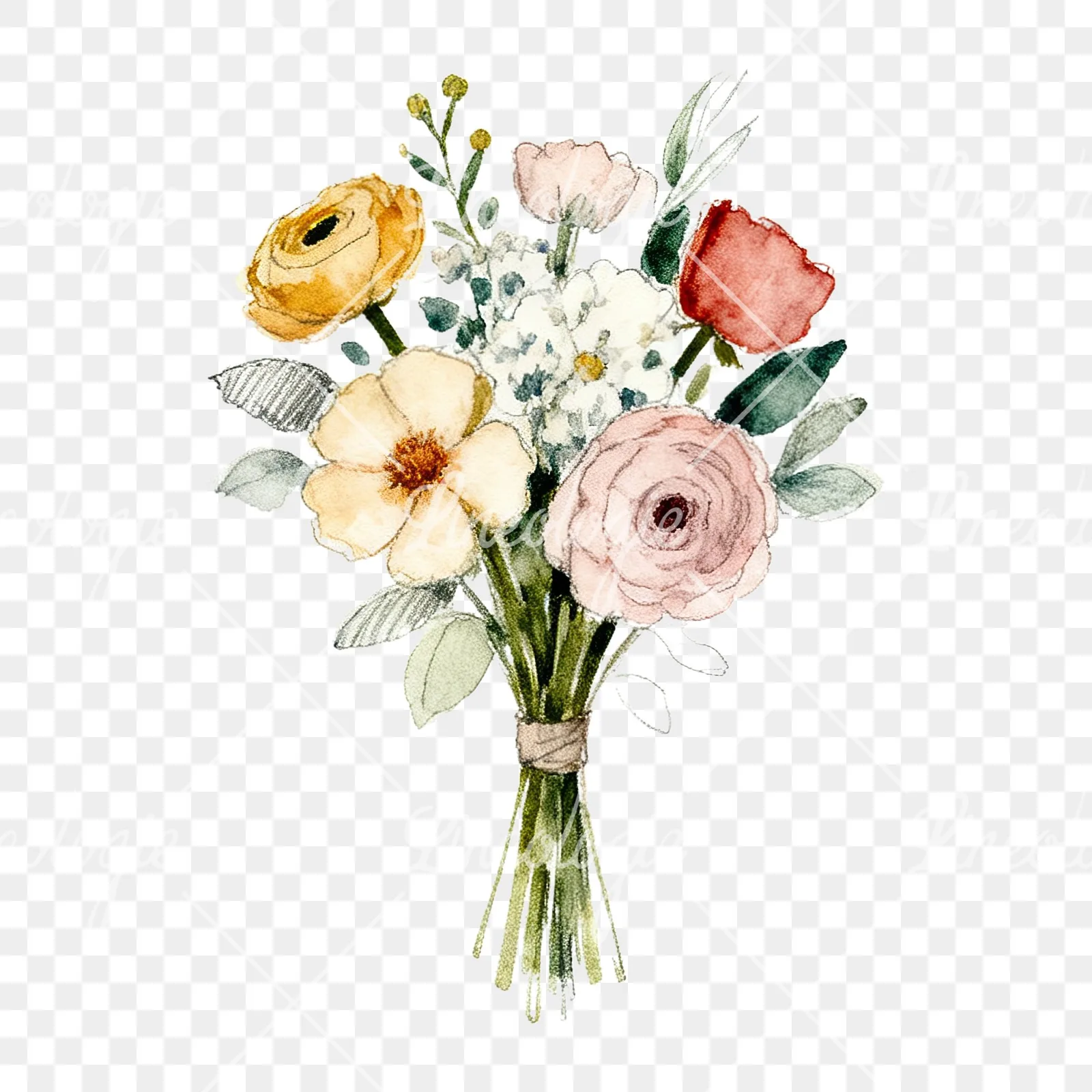 Watercolor pastel boho wedding bouquet clipart 3 of 9 on a transparent background (PNG)