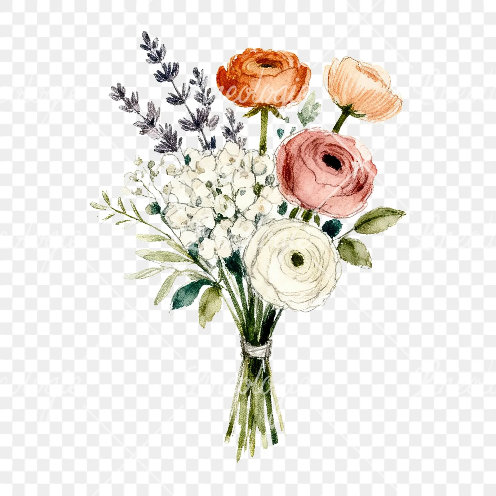 Watercolor pastel boho wedding bouquet clipart 4 of 9 on a transparent background (PNG)