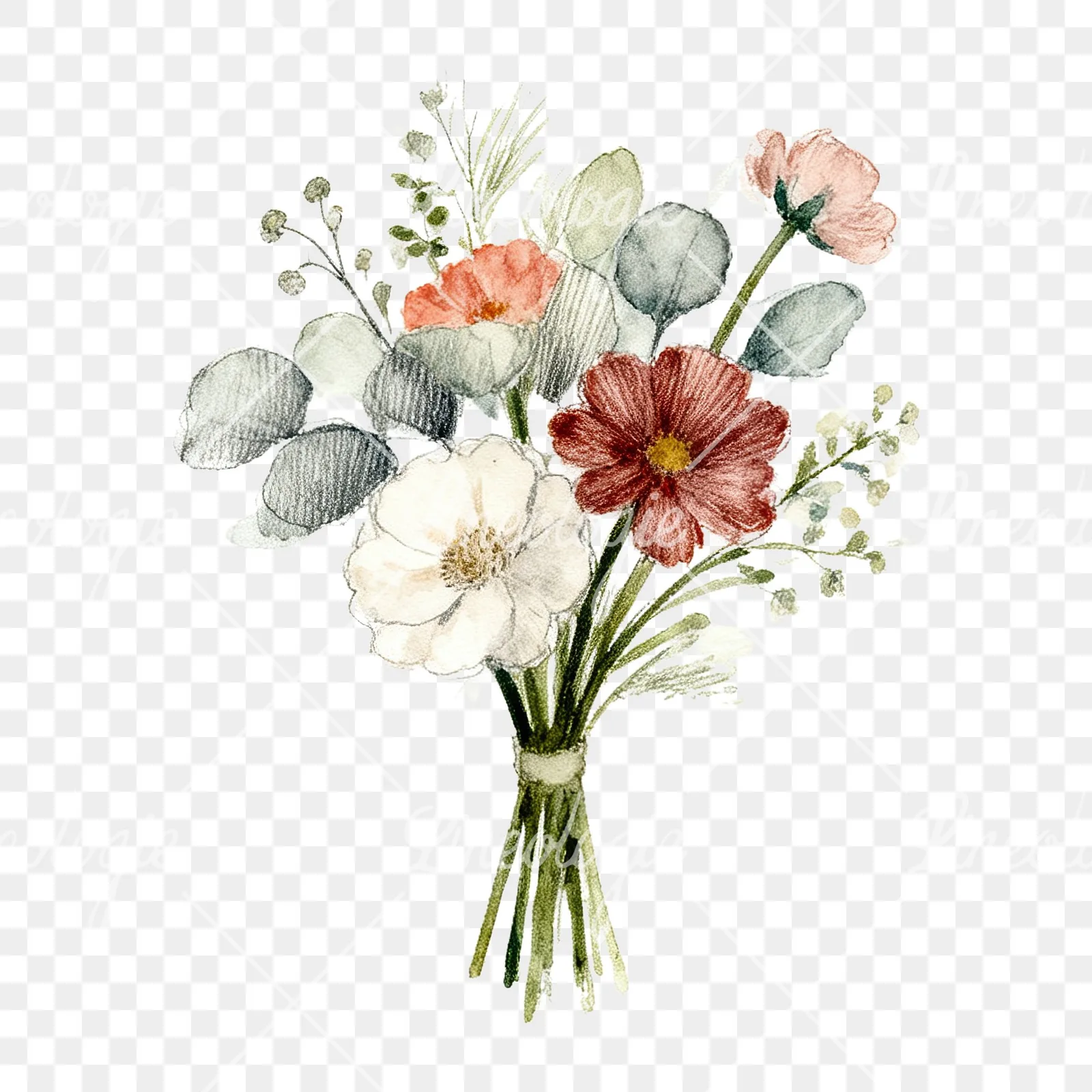 Watercolor pastel boho wedding bouquet clipart 5 of 9 on a transparent background (PNG)