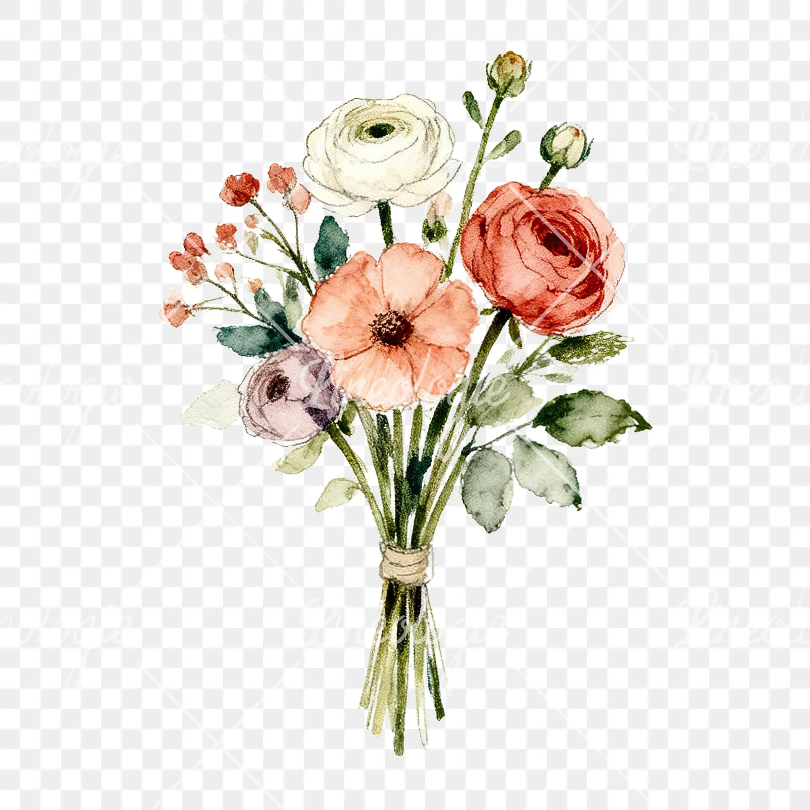Watercolor pastel boho wedding bouquet clipart 7 of 9 on a transparent background (PNG)