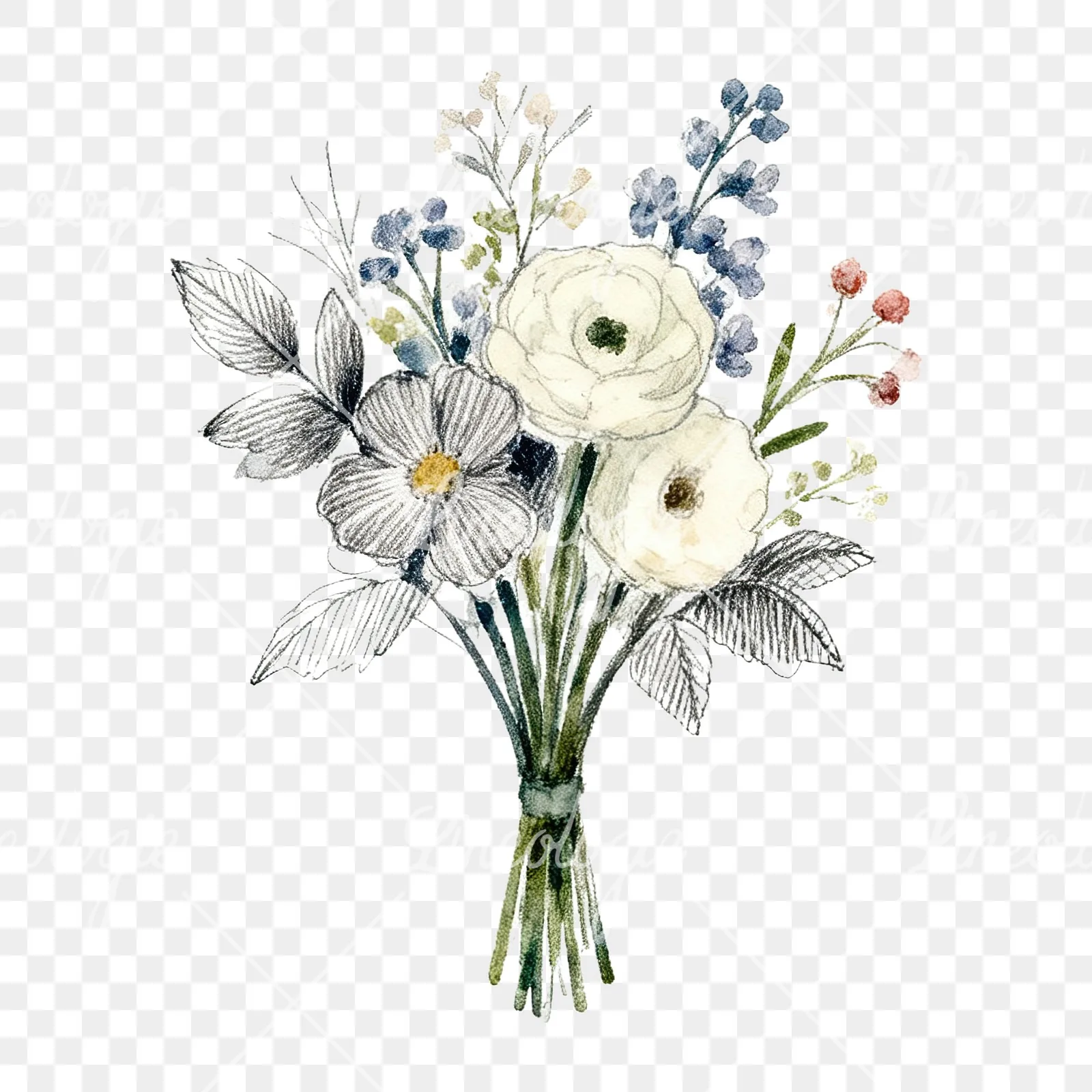 Watercolor pastel boho wedding bouquet clipart 8 of 9 on a transparent background (PNG)