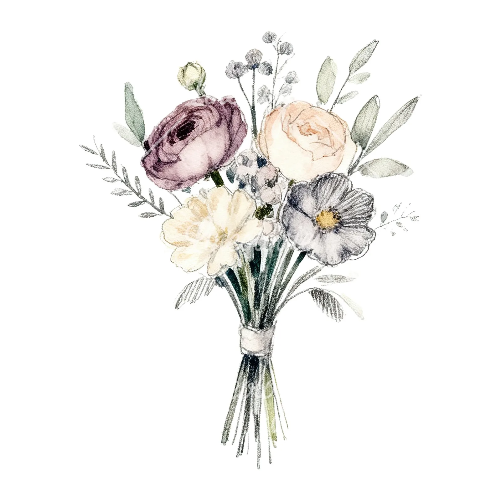 Watercolor pastel boho wedding bouquet clipart 9 of 9 on a white background (JPG)