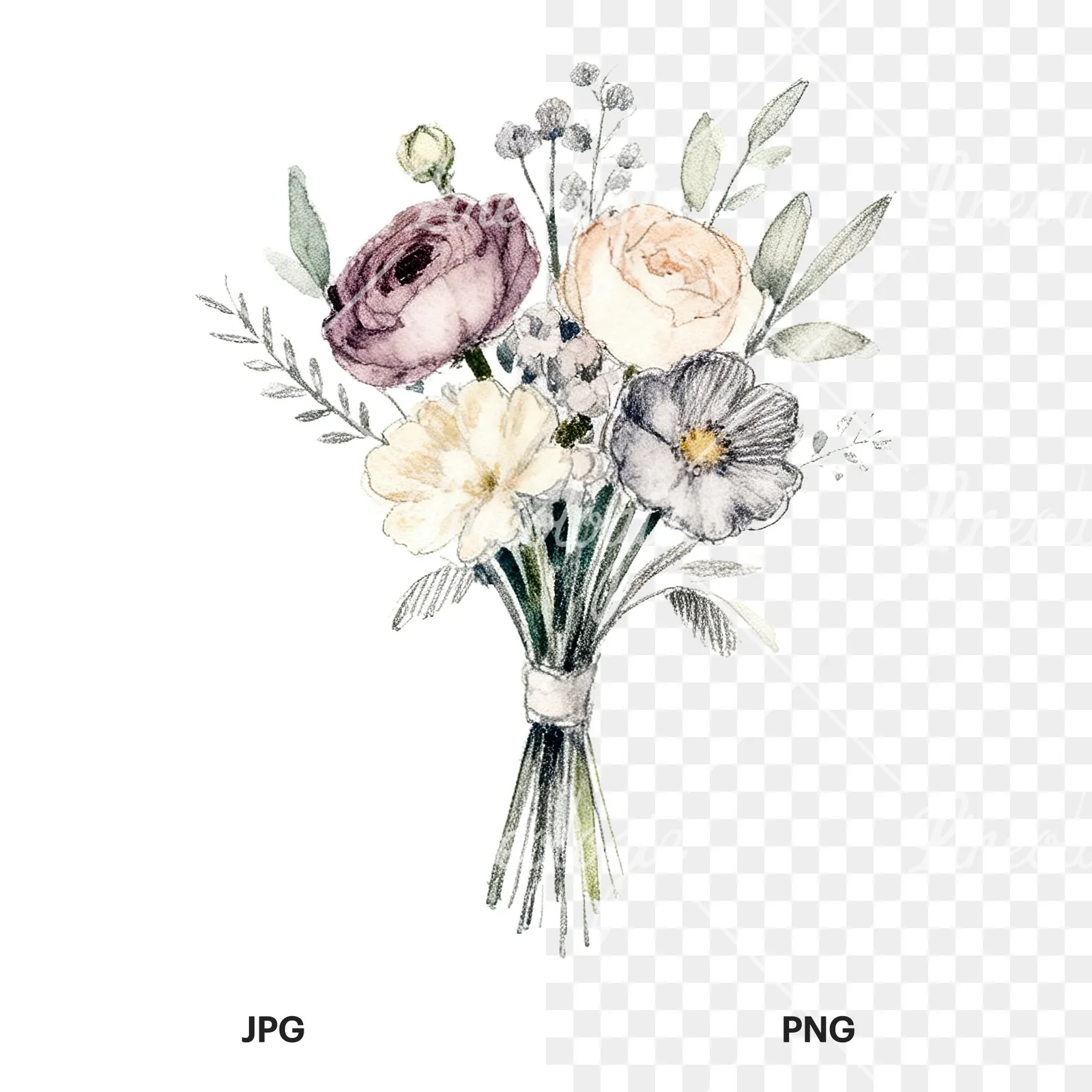 Watercolor pastel boho wedding bouquet clipart 9 of 9, as a JPG on white and a transparent PNG