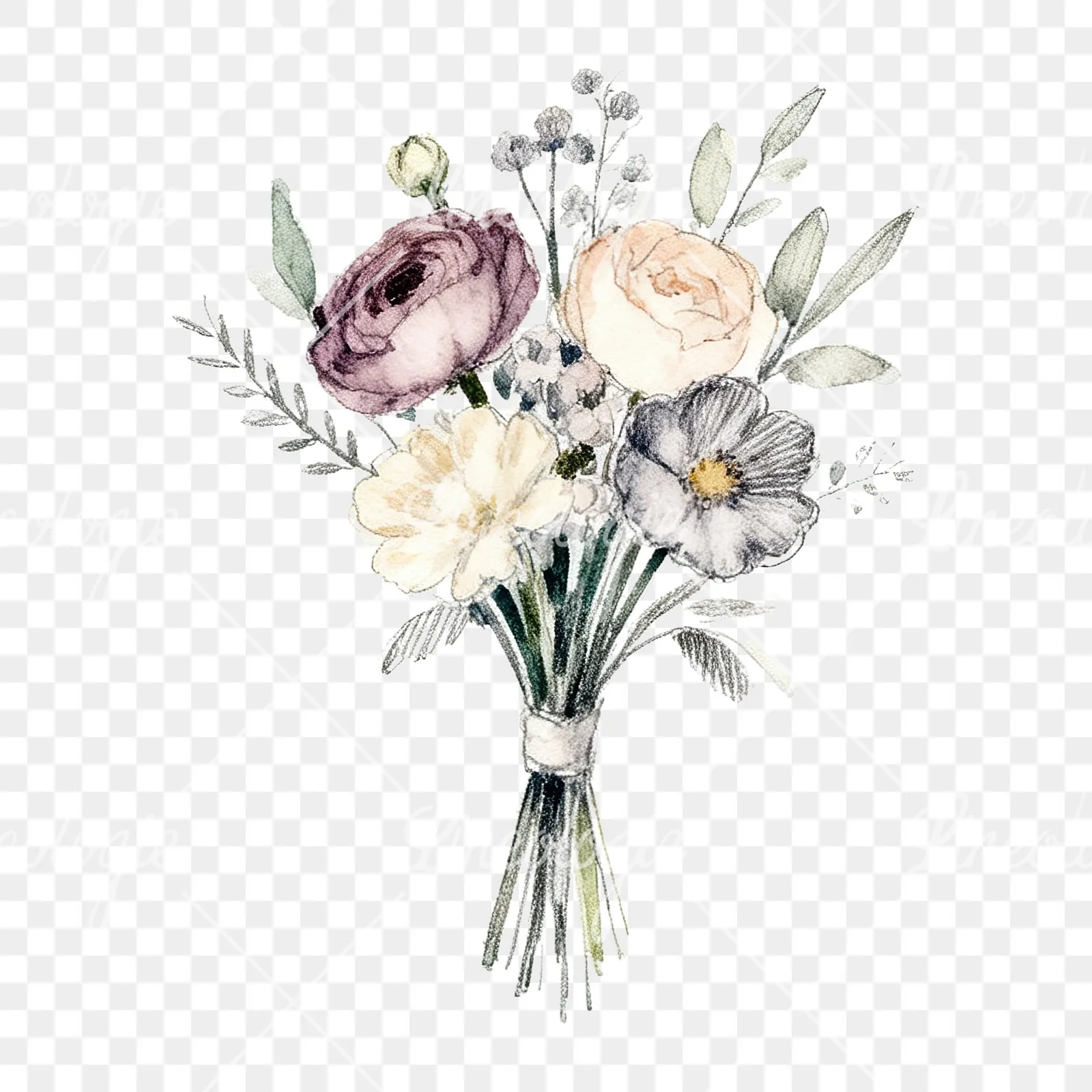 Watercolor pastel boho wedding bouquet clipart 9 of 9 on a transparent background (PNG)