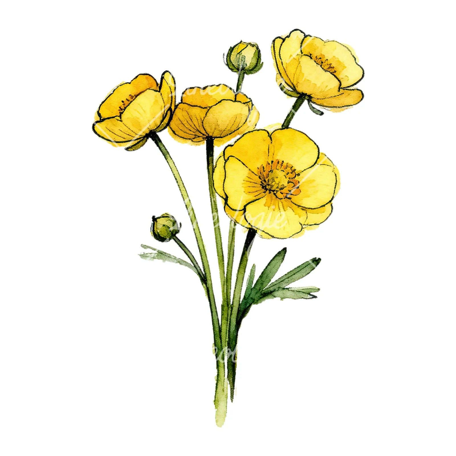 Watercolor buttercup bouquet with buds clipart 1 of 9 on a white background (JPG)