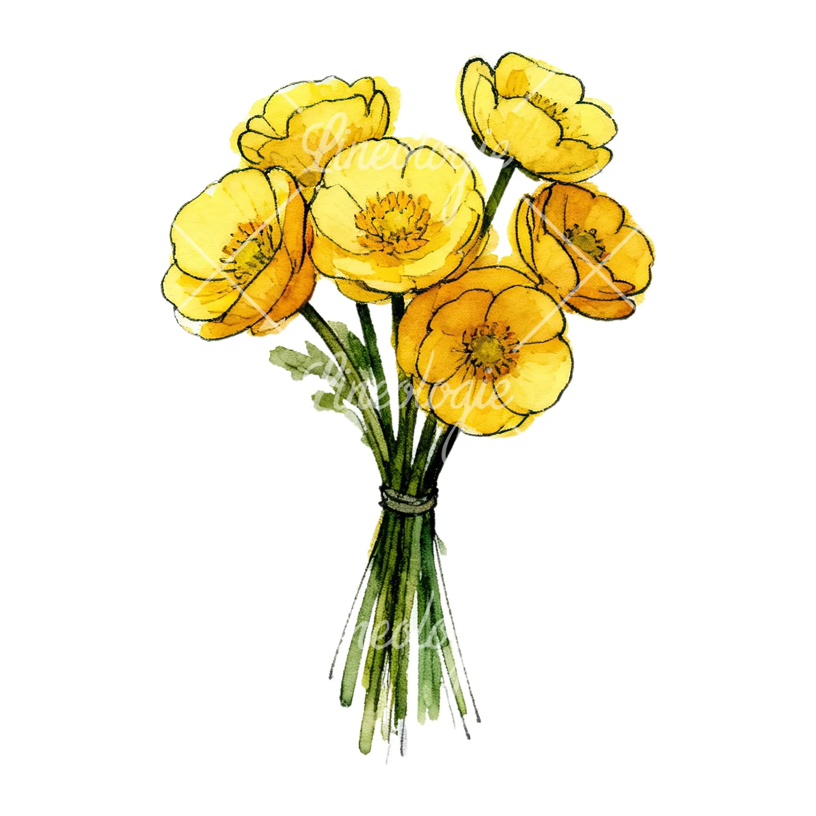 Watercolor buttercup bouquet with buds clipart 2 of 9 on a white background (JPG)