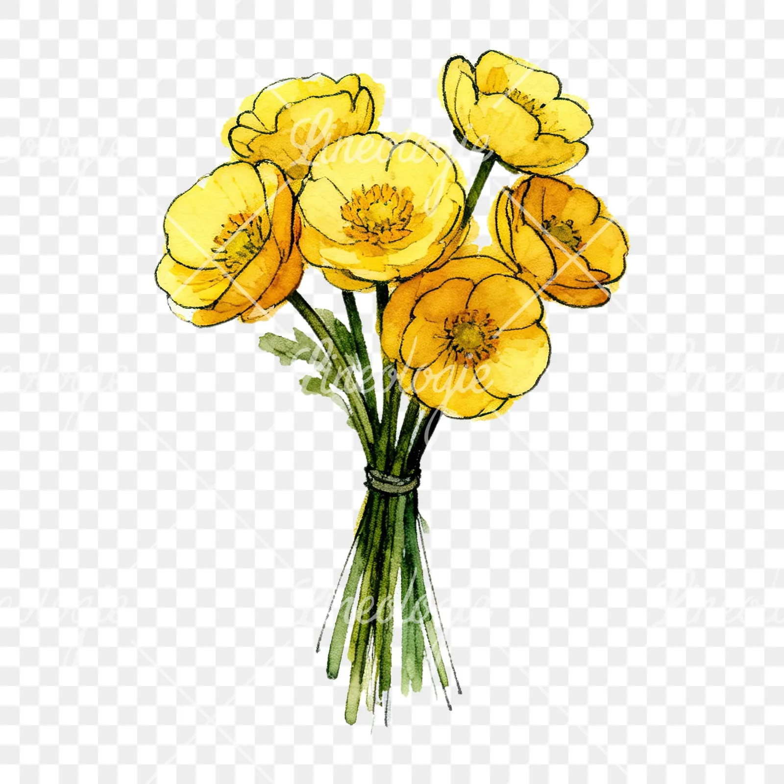 Watercolor buttercup bouquet with buds clipart 2 of 9 on a transparent background (PNG)