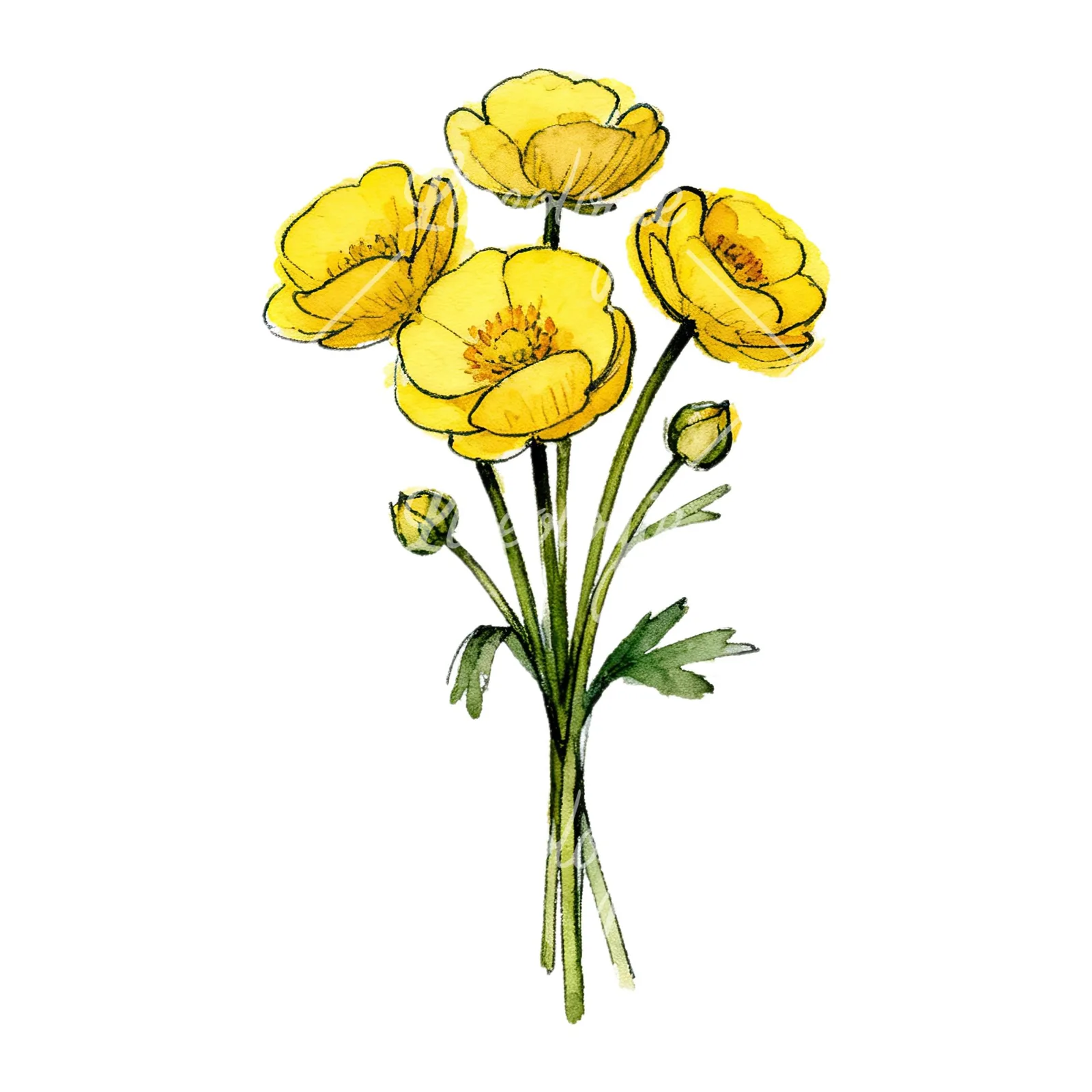 Watercolor buttercup bouquet with buds clipart 3 of 9 on a white background (JPG)